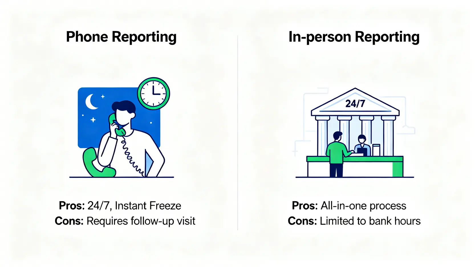 存摺遺失怎麼辦?最新存摺補辦流程、必帶文件懶人包 電話掛失與臨櫃掛失的優缺點比較圖,幫助使用者了解存摺遺失時的兩種處理方式。