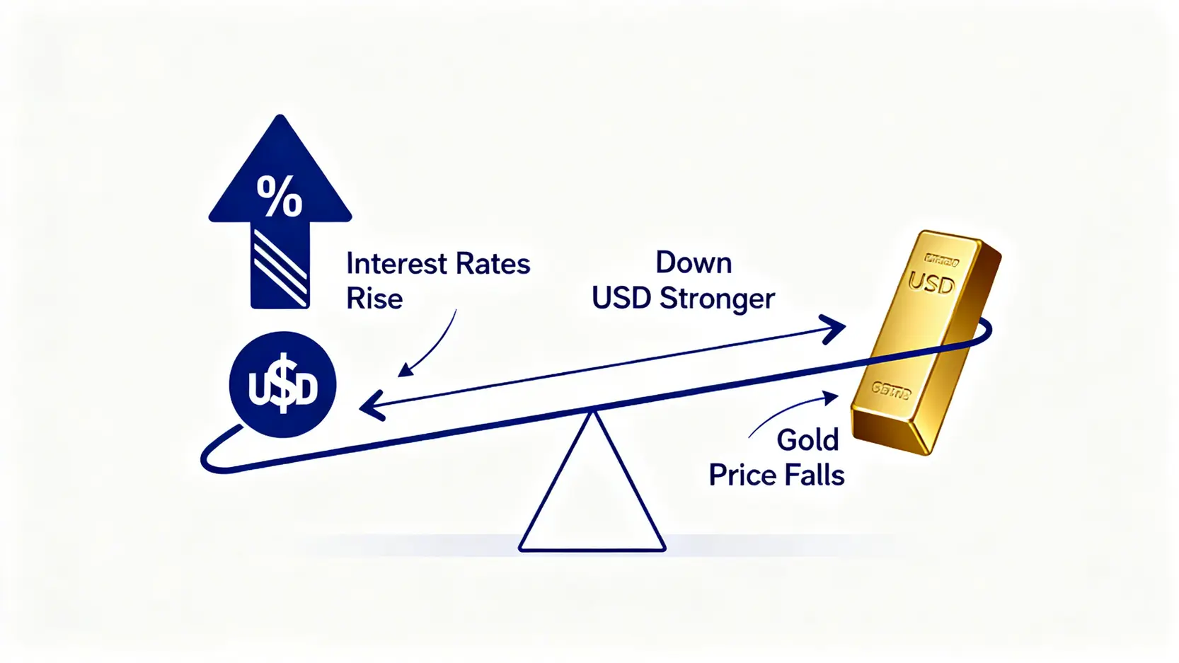 【2026黃金投資指南】5大黃金投資方式優缺點,看懂價格走勢與漲跌應對策略 示意圖解釋聯準會升息與黃金價格的負相關關係,當利率與美元上升時,黃金價格下降。
