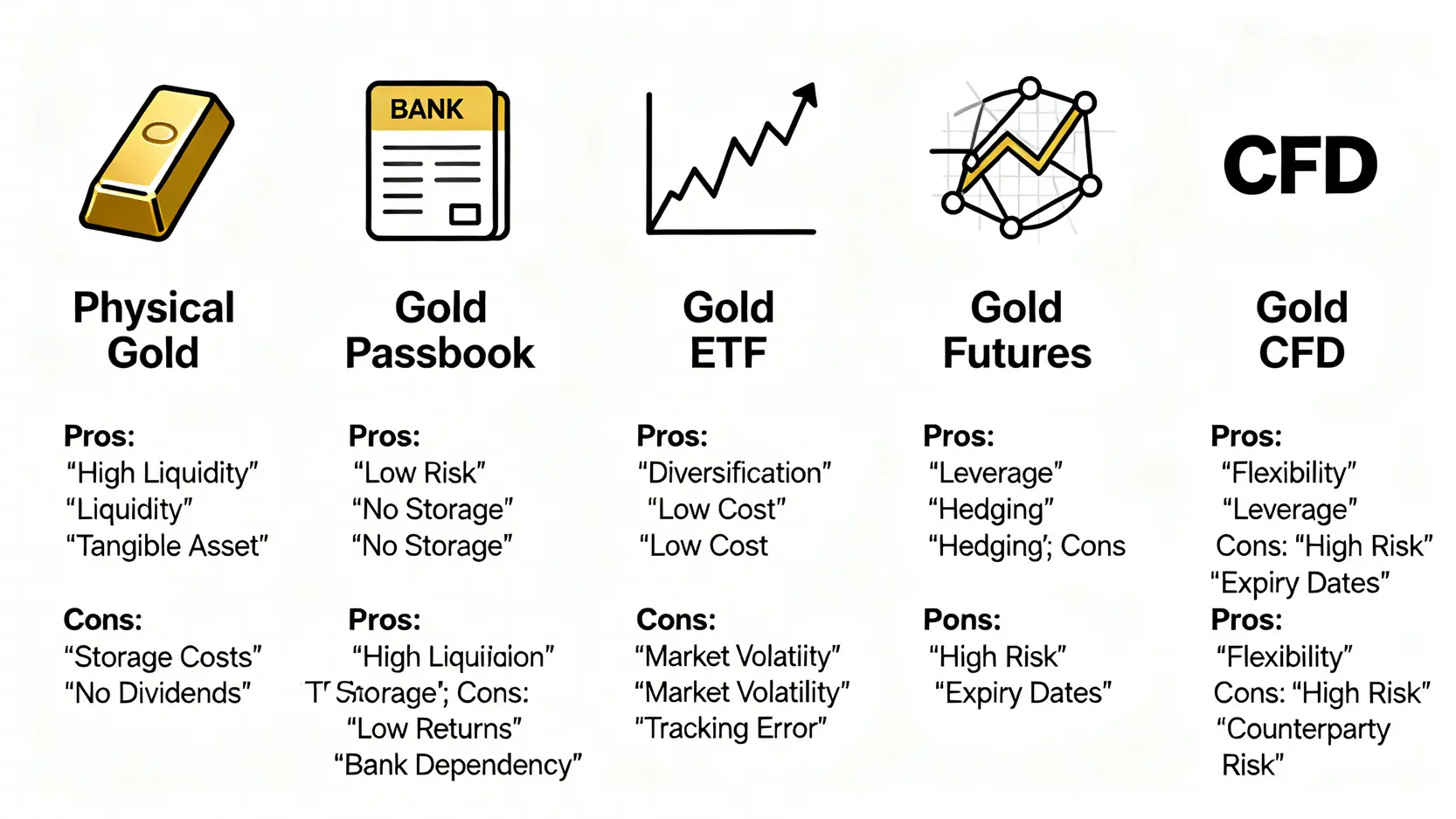 【2026黃金投資指南】5大黃金投資方式優缺點,看懂價格走勢與漲跌應對策略 五種黃金投資方式比較圖,包含實體黃金、黃金存摺、黃金ETF、黃金期貨與黃金CFD的優缺點分析。