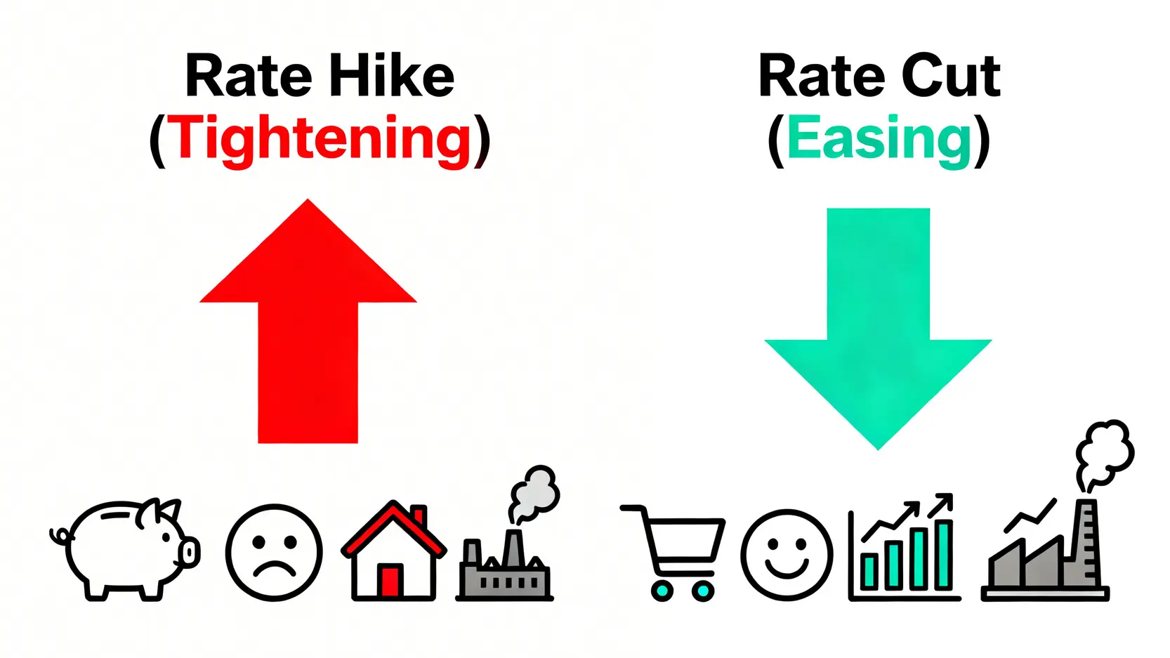 Fed是什麼?聯準會升息懶人包:FOMC、升息一碼是多少全解析 升息與降息的對比圖,解釋緊縮政策如何抑制通膨,以及寬鬆政策如何刺激經濟。
