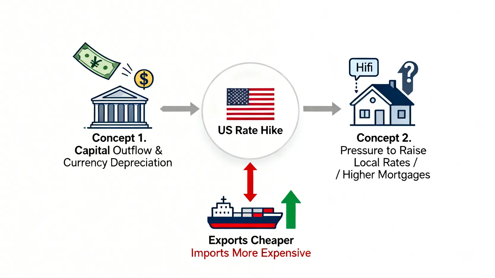 Fed升息影響懶人包:一次看懂聯準會升息對台灣股市、房貸5大衝擊 美國升息對台灣三大衝擊示意圖,包含資金外流、央行升息壓力、以及進出口貿易影響。