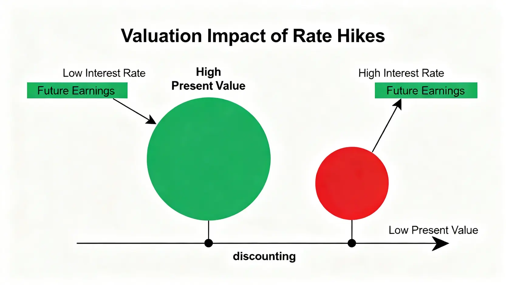 Fed升息影響懶人包:一次看懂聯準會升息對台灣股市、房貸5大衝擊 升息對股票估值影響的對比圖,顯示高利率環境會降低未來獲利的現值。