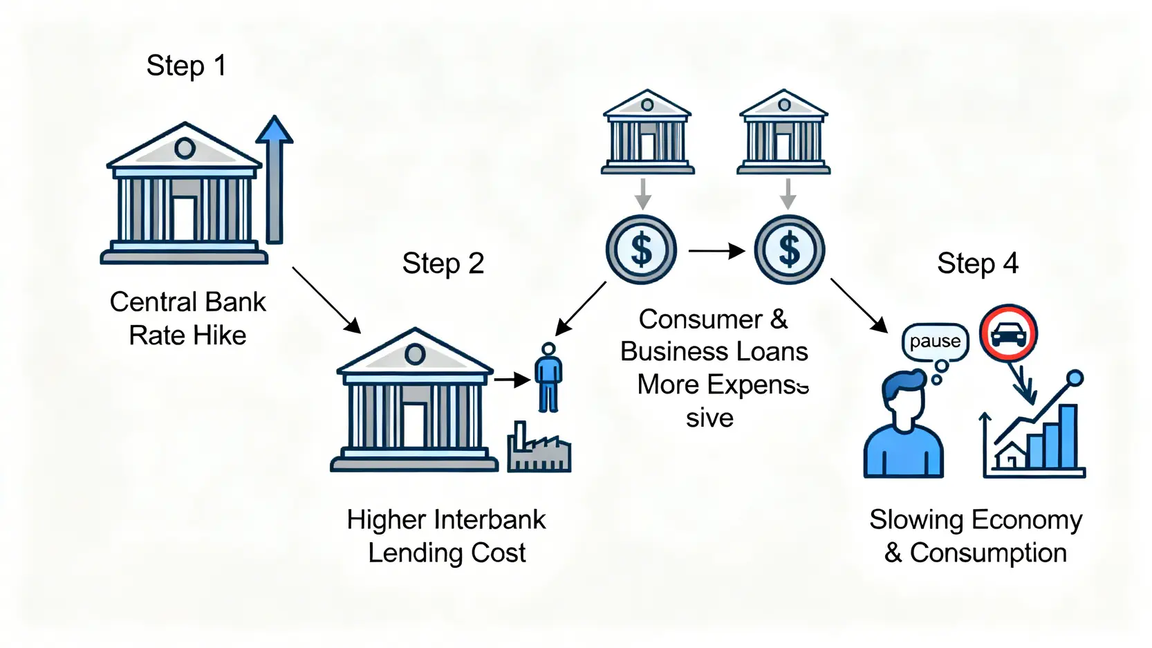 Fed升息影響懶人包:一次看懂聯準會升息對台灣股市、房貸5大衝擊 聯準會升息傳導機制流程圖,從央行升息到影響消費者與企業貸款成本,最終減緩經濟。
