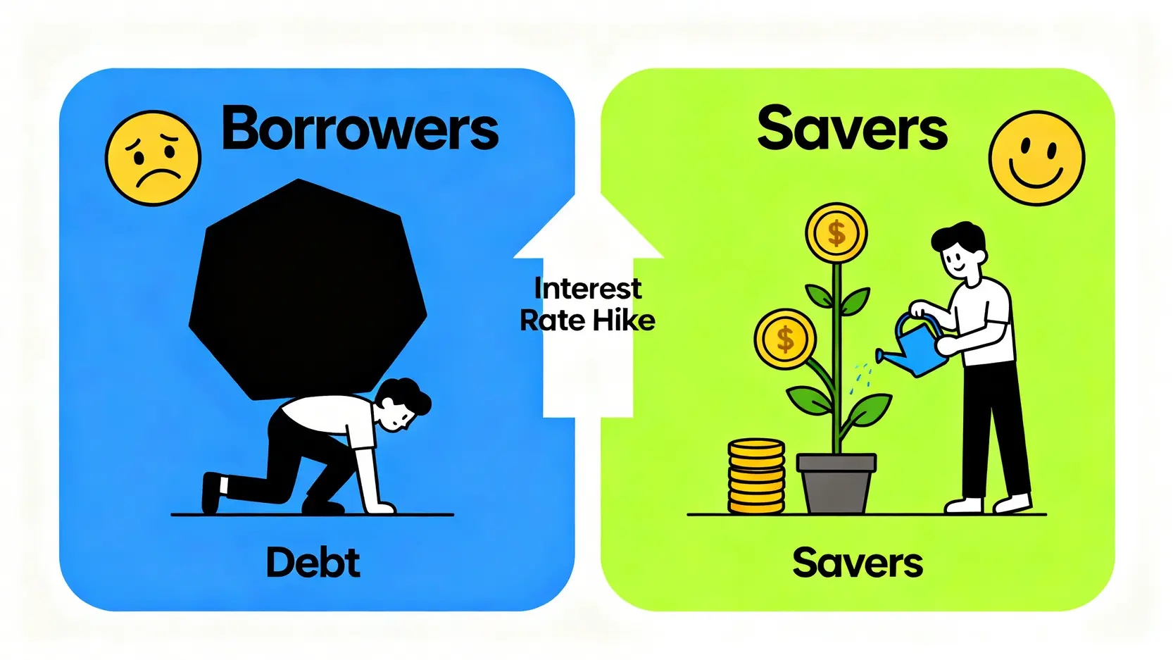 台灣央行升息別慌!房貸、定存、股市衝擊一篇看懂 升息對不同族群的影響對比圖,左邊是憂愁的房貸族,右邊是開心的定存族。