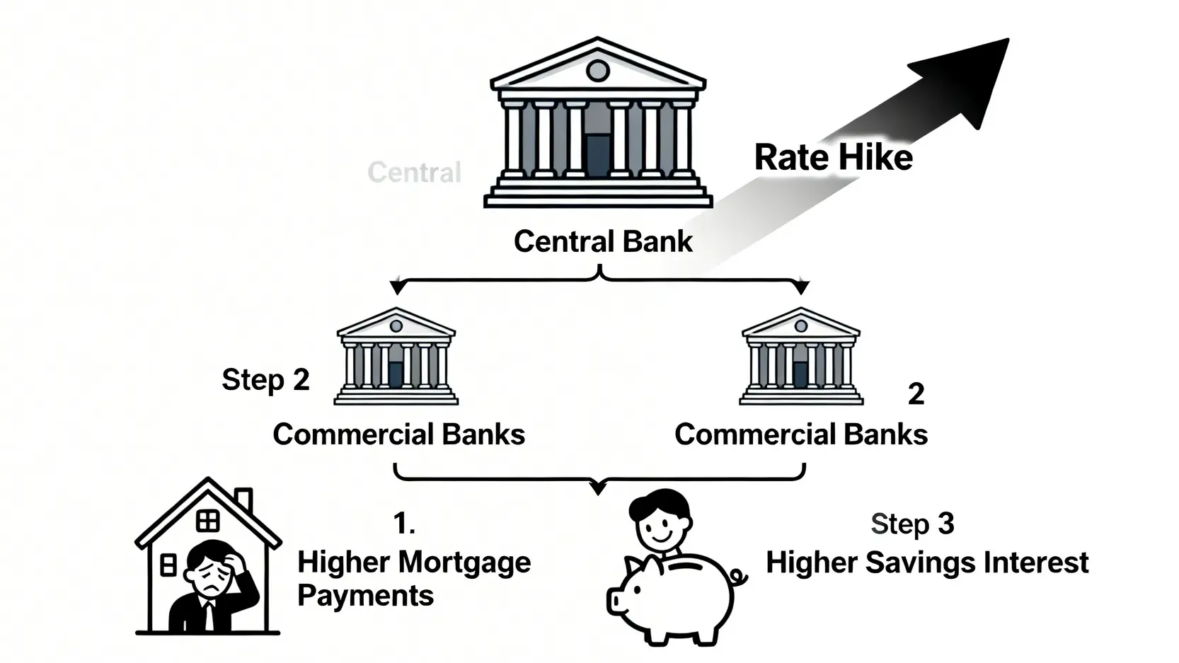 台灣央行升息別慌!房貸、定存、股市衝擊一篇看懂 央行升息傳導機制示意圖,顯示央行調高利率如何影響商業銀行,最終導致民眾房貸支出增加與定存利息變多。