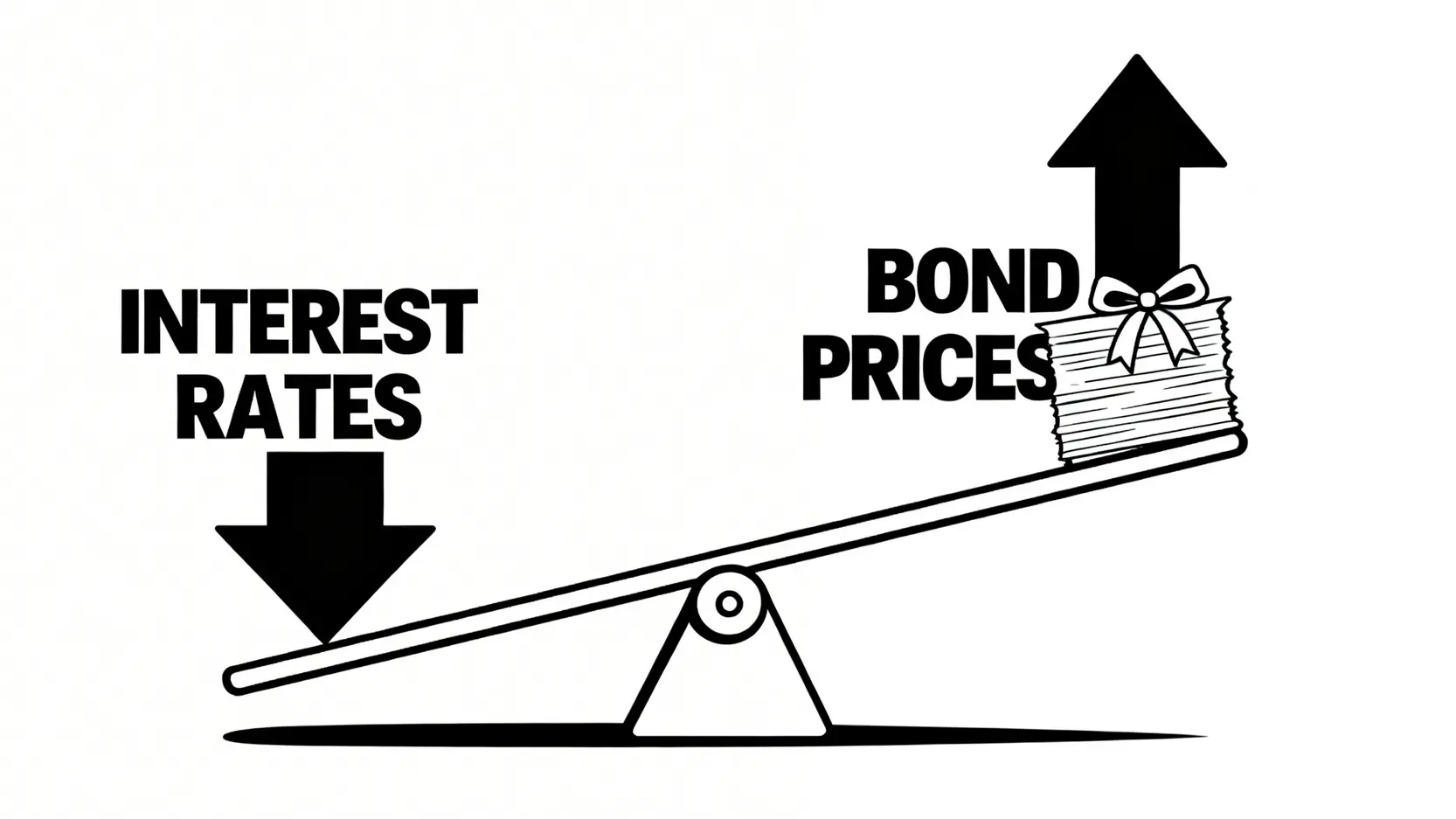 聯準會降息全解析:Fed降息時間、股市影響與5大投資策略 利率與債券價格反向關係的蹺蹺板示意圖。