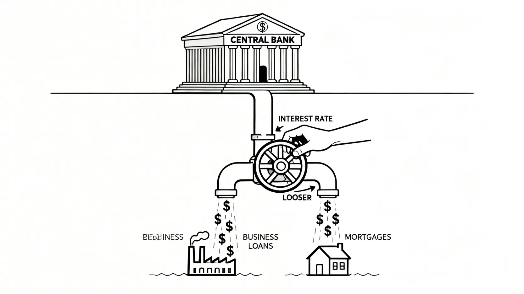 聯準會降息全解析:Fed降息時間、股市影響與5大投資策略 聯準會降息傳導機制示意圖,顯示央行調降利率後如何影響企業貸款與房貸。