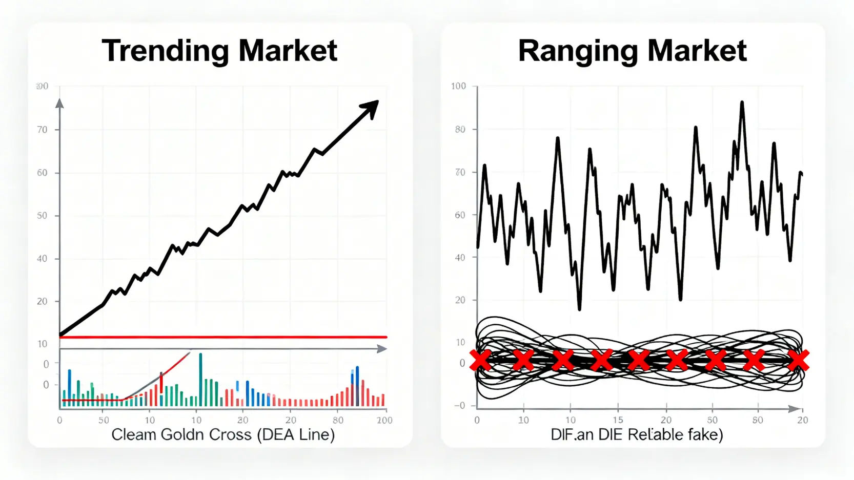 黃金交叉是什麼?MACD死亡交叉意思、股票應用5大技巧 趨勢市場與盤整市場的MACD交叉對比圖,趨勢中的交叉訊號明確,而盤整區的交叉則頻繁且不可靠,形成假訊號陷阱。