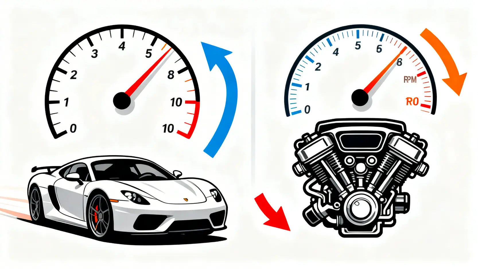 KD背離教學全攻略:3步驟學會判斷高檔與低檔背離,抓準市場反轉訊號! 一個概念圖解釋技術指標背離,左邊是速度加快的跑車時速錶,右邊是轉速下降的引擎轉速錶,象徵價格與指標不同步。