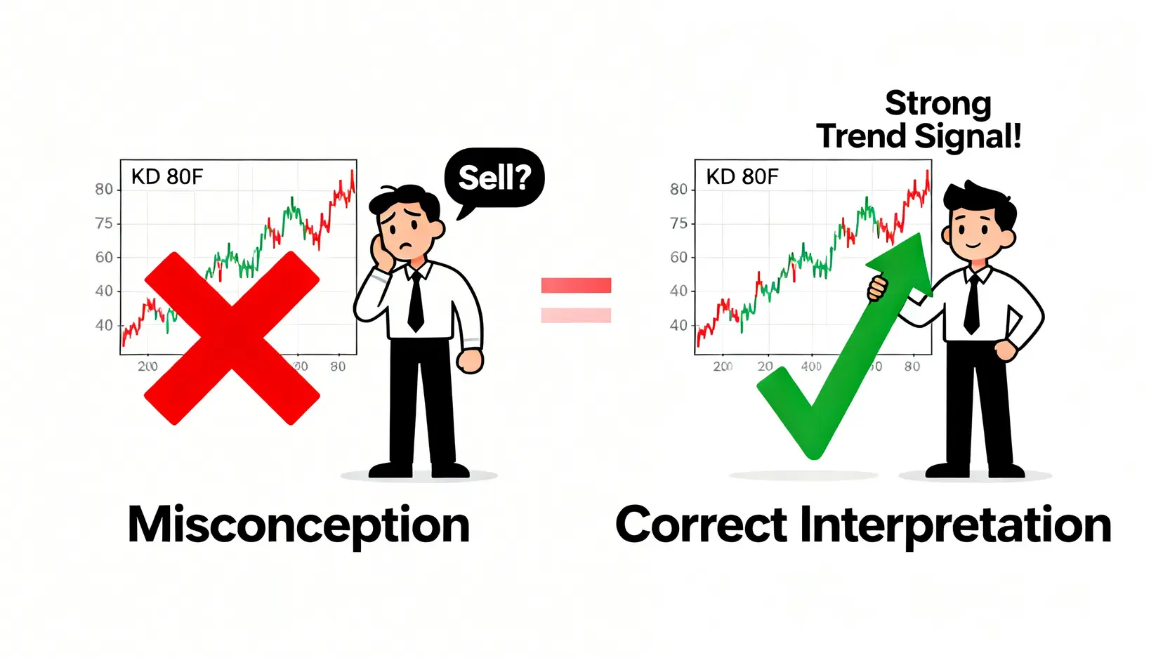 KD指標參數設定終極指南:搞懂最佳參數與高低檔鈍化實戰 KD高檔鈍化概念圖,解釋了鈍化代表強勢趨勢而非賣出訊號。