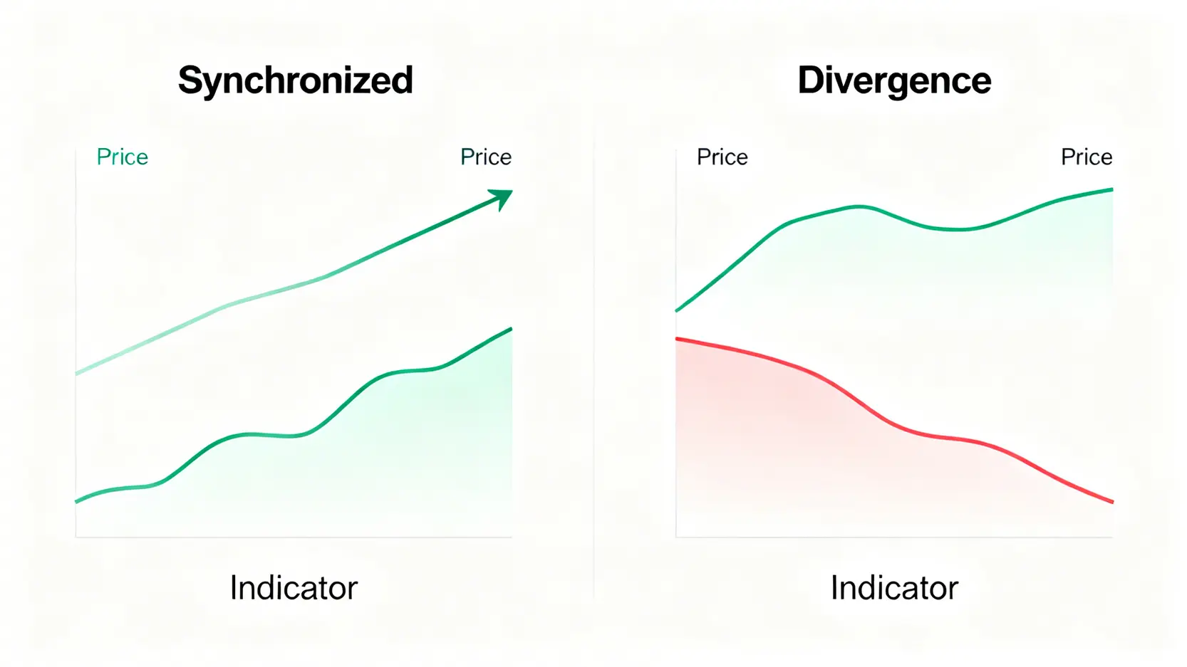 背離是什麼?頂背離與底背離實戰圖解,學會如何判斷反轉訊號 一張圖解釋技術指標背離的核心概念,左邊顯示價格與指標同步上漲,右邊顯示價格創新高但指標走低的背離現象。