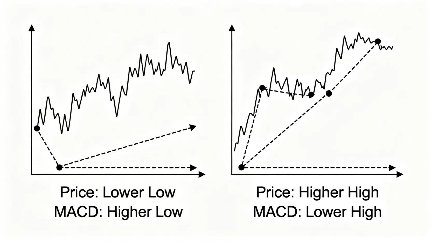 MACD指標是什麼?新手教學:一篇搞懂快慢線、柱狀體用法與黃金交叉訊號 MACD牛市背離與熊市背離的示意圖,解釋價格與指標走勢不一致的情況。