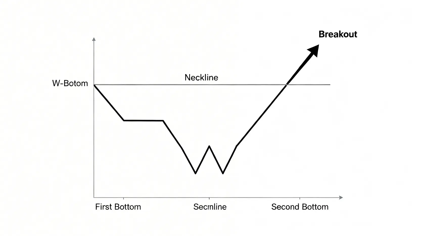 技術線型教學:股票K線圖入門到精通(16種常見K線型態圖解) W底(雙重底)型態示意圖,顯示股價兩次探底後突破頸線的過程。