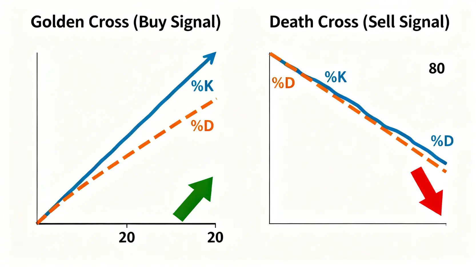 KD指標教學|新手指南:從K值D值意義到黃金交叉,5步驟看懂買賣訊號 KD指標的黃金交叉與死亡交叉示意圖,左邊顯示K線向上突破D線的買入訊號,右邊顯示K線向下跌破D線的賣出訊號。