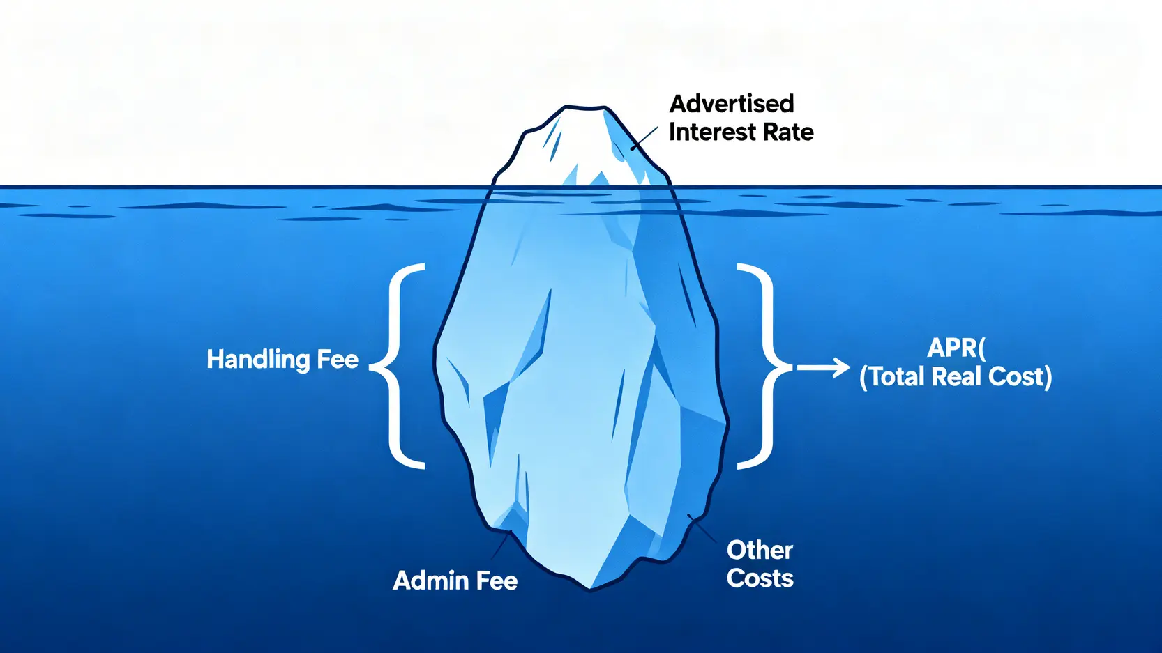 信貸利率試算全攻略:20+銀行利率比較/最低方案/APR真實成本揭露 一張概念圖,使用冰山比喻解釋廣告利率與總費用年百分率(APR)的關係。廣告利率只是冰山一角,而APR則代表包含所有隱藏費用的完整冰山。