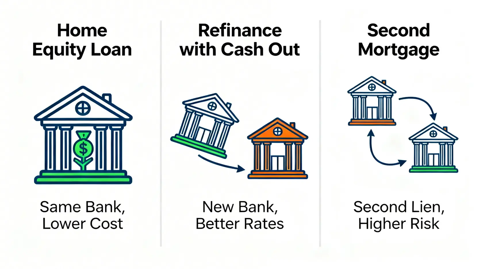 2026臺灣土地銀行房屋增貸全攻略:一篇搞懂土銀增貸條件、利率試算與申辦流程 三種房屋貸款類型比較圖:房屋增貸、轉增貸與二胎房貸的差異。