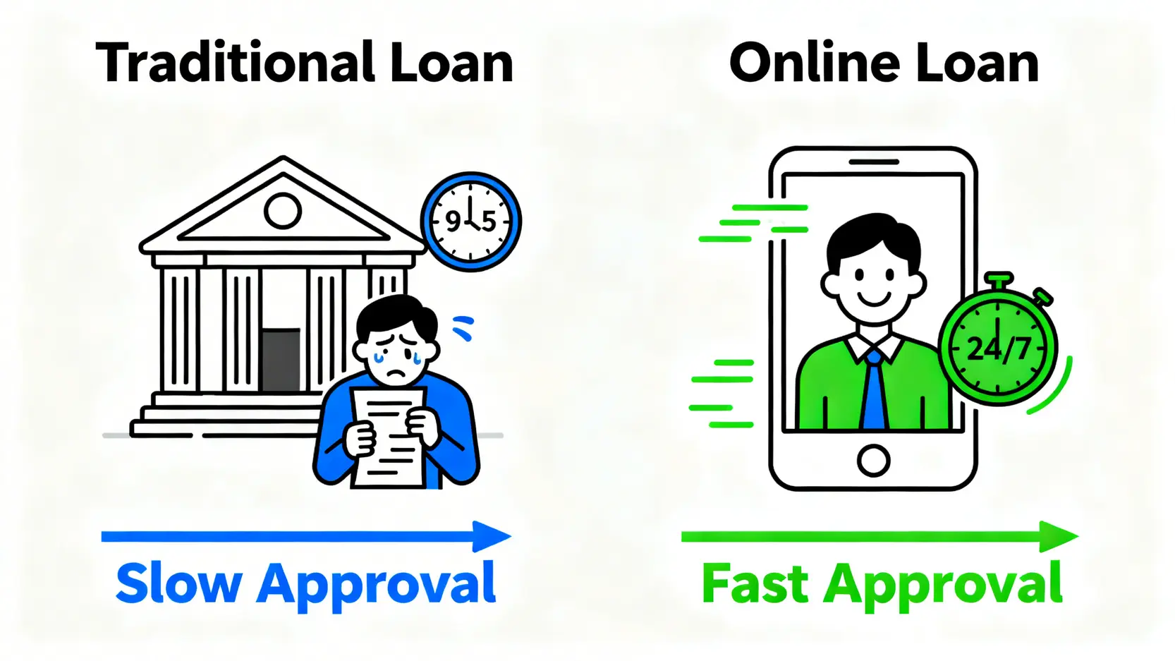 【小額借款推薦】10款手機借款APP實測,24小時線上借錢平台優缺點總整理 傳統貸款與線上借款流程對比圖,顯示線上借款在時間彈性、流程簡便和審核速度上的優勢。