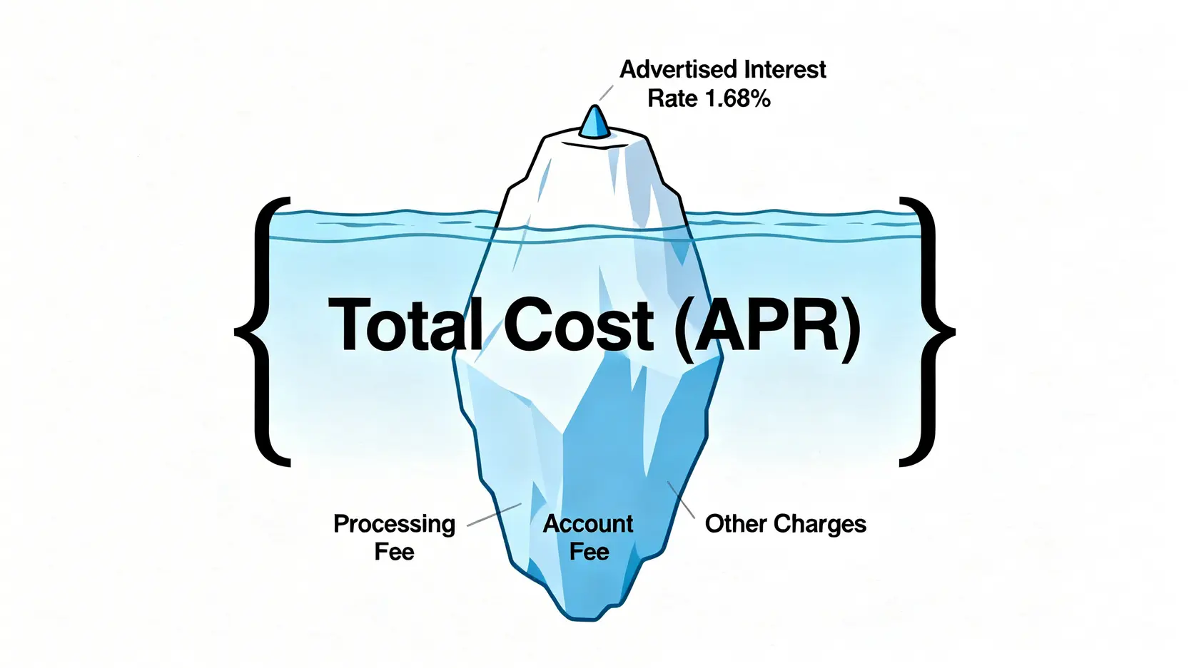 信貸條件懶人包:10家銀行信貸比較、申請資格與資料全攻略 冰山圖解釋總費用年百分率APR與廣告利率的差別,顯示APR包含所有隱藏費用。