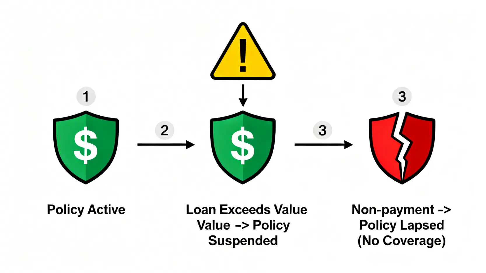 郵局貸款總整理:一次搞懂郵局小額貸款資格、利率與保單借款申請 保單借款未還款的流程圖,顯示保單從有效狀態到停效,最終失效的過程。