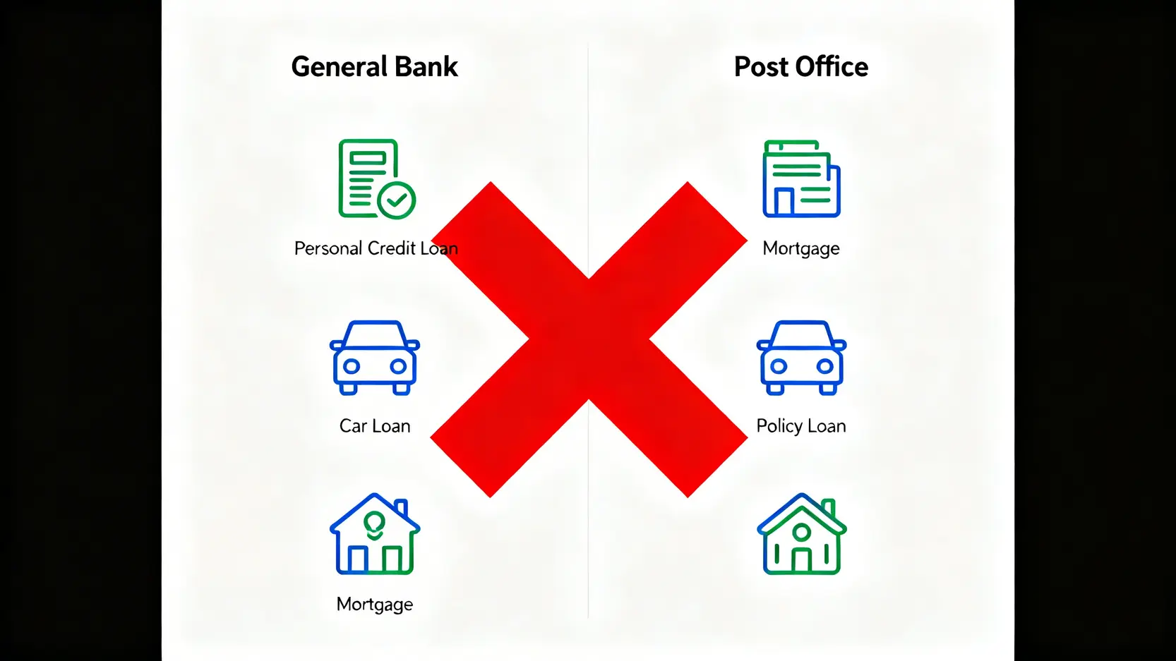 郵局貸款總整理:一次搞懂郵局小額貸款資格、利率與保單借款申請 一張圖表對比銀行與郵局的貸款服務,清楚標示郵局沒有提供個人信用貸款。