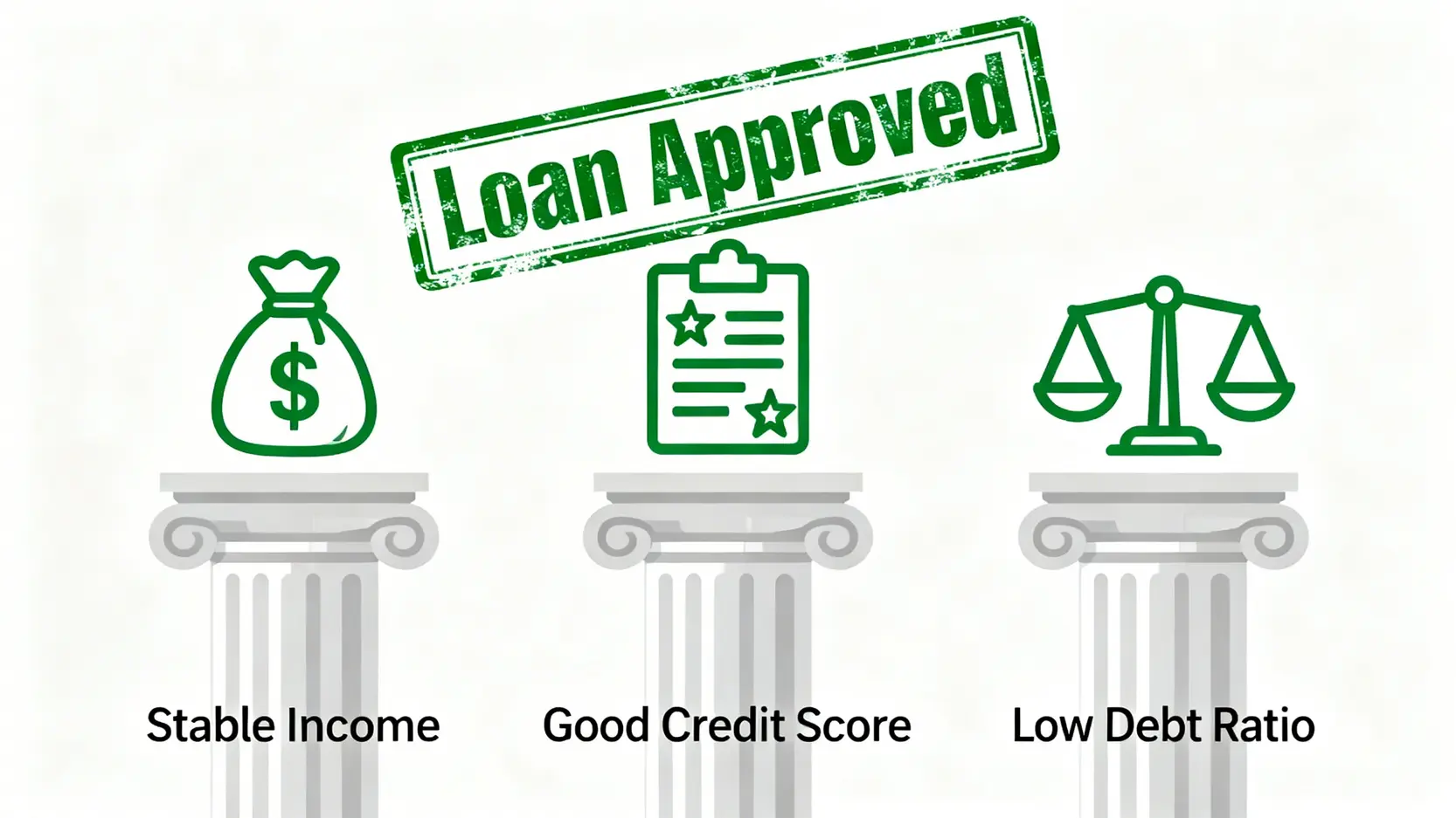 【國泰信貸利率】申請條件、試算教學與5個提高過件率秘訣 一張圖說明影響國泰信貸核貸率的三大關鍵因素:穩定的收入、良好的信用評分、以及負債比。