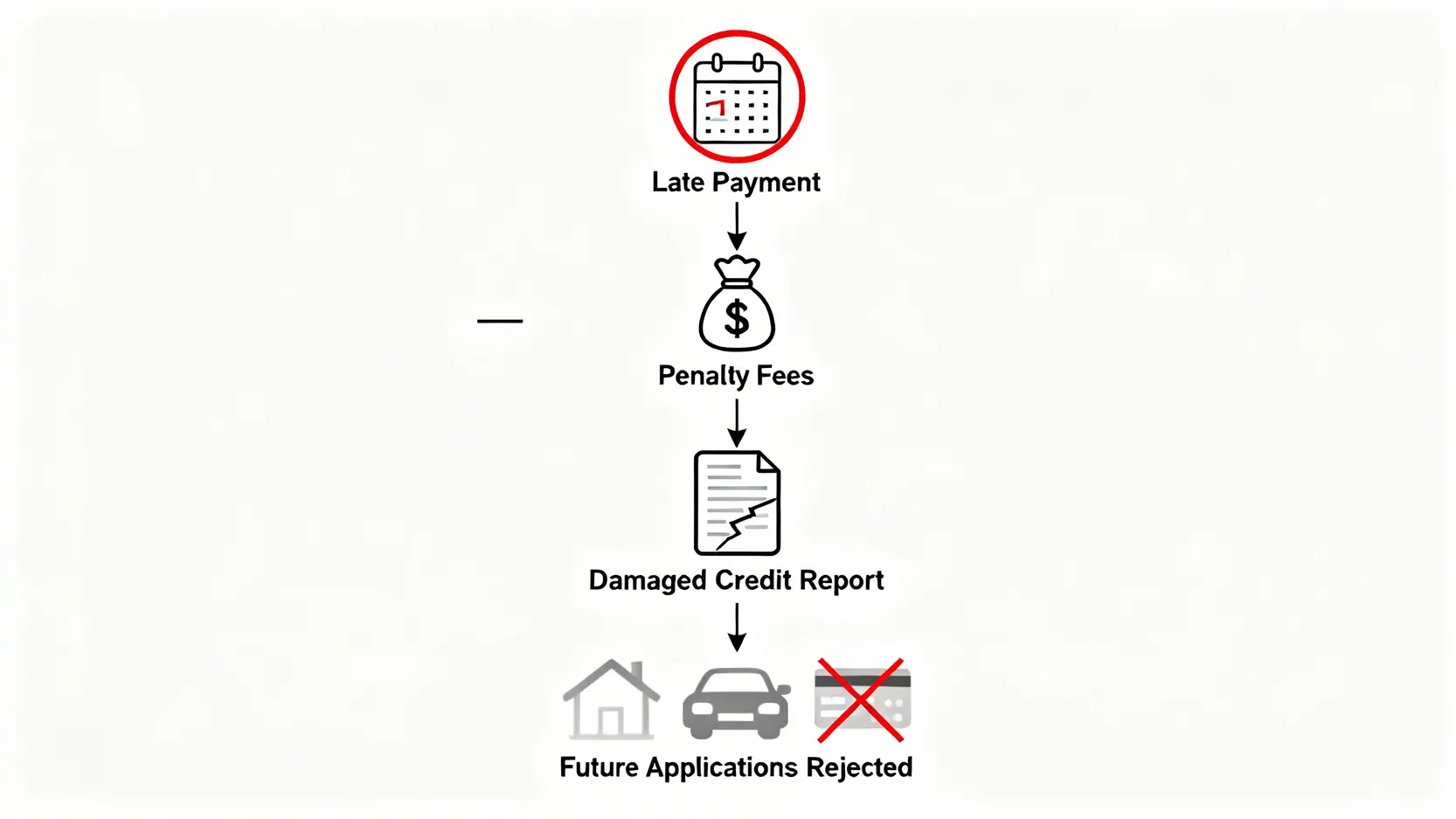 信用貸款陷阱總整理|專家揭5大信貸風險與利率注意事項,教你如何避免信貸詐騙! 信用貸款遲繳後果流程圖,顯示從產生滯納金、聯徵紀錄不良到影響未來申貸的過程。