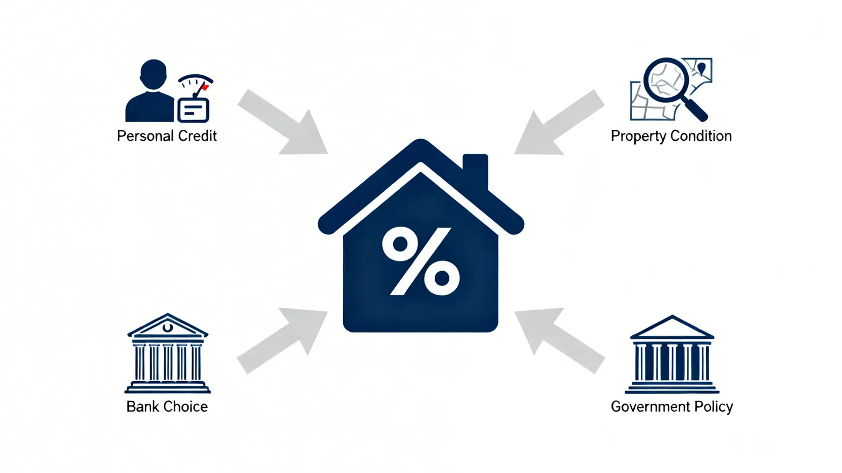 新成屋、中古屋、餘屋貸款比較:一篇搞懂房屋貸款種類與申請攻略 一張圖說明影響房屋貸款成數與利率的四大關鍵因素:個人信用條件、房屋物件條件、申貸銀行選擇與政府優惠政策。