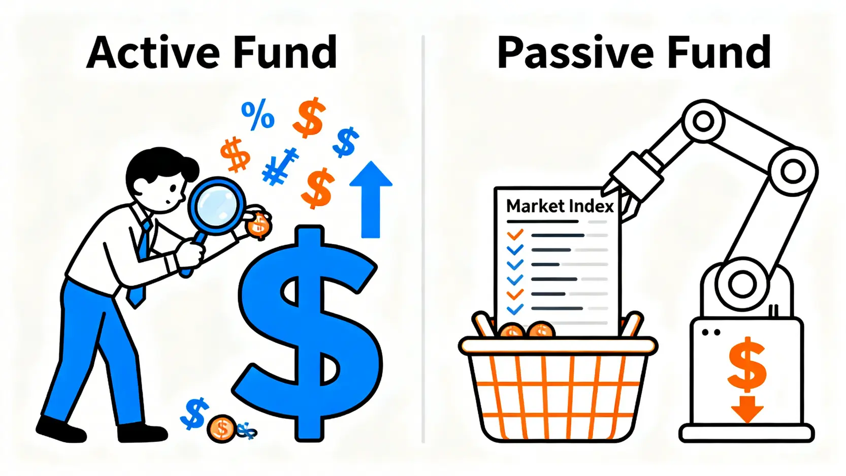 對沖基金vs.共同基金:投資前必看的5大核心差異與優缺點分析 一張對比圖,左邊顯示主動型基金經理人精挑細選股票,費用較高;右邊顯示被動型基金如機器人般複製指數,費用較低。