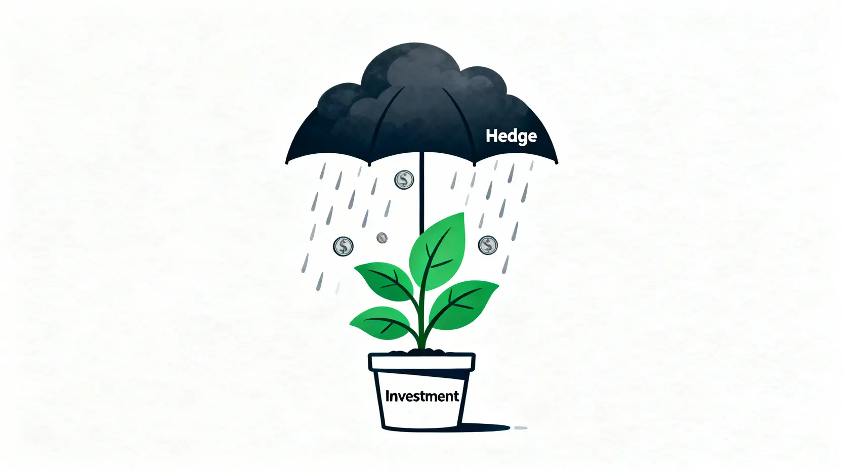 投資對沖是什麼?搞懂對沖避險、策略與3大常見工具 一張概念圖,說明投資對沖如同為資產撐起一把保護傘,抵禦市場風險。
