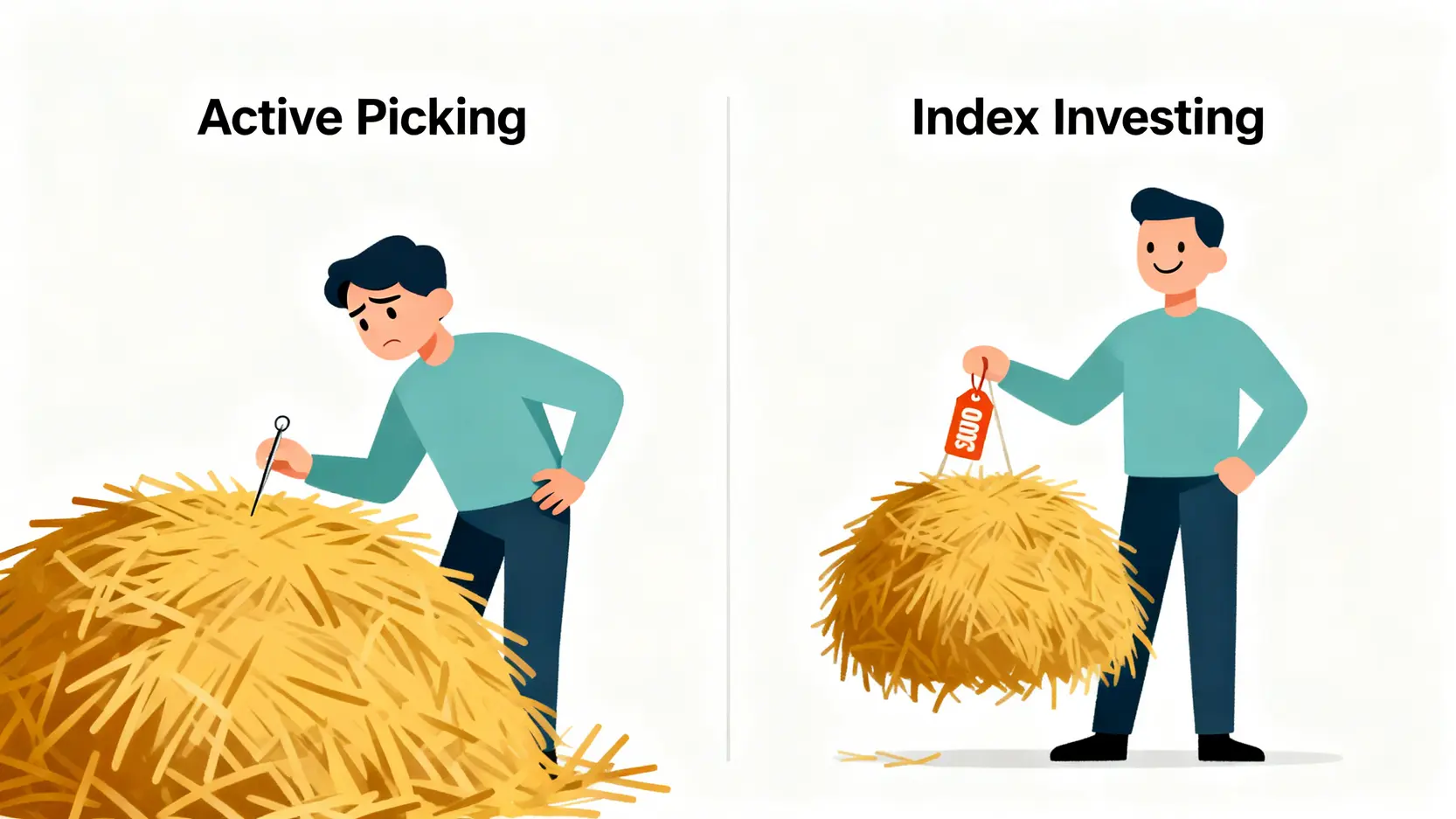 巴菲特十年賭局揭秘:指數基金vs避險基金,5個散戶必學的投資智慧 一張對比圖顯示,主動選股像大海撈針,而指數化投資則是直接買下整個市場,更為輕鬆有效。