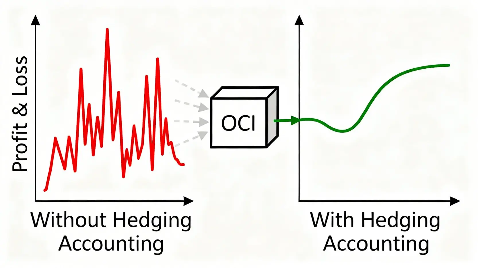 應收應付對沖與會計避險:企業外匯避險的終極財務風險管理指南 避險會計對財務報表的穩定效果示意圖,比較未使用避險會計時的劇烈波動損益表與使用後平滑穩定的損益表。