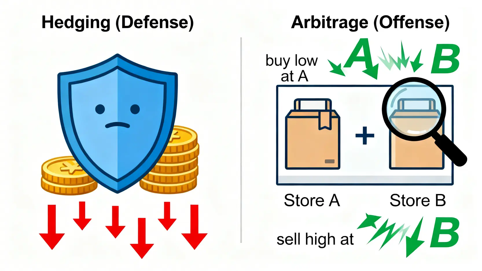 【投資避險懶人包】對沖策略是什麼?5大常見對沖工具與方法教學 對沖與套利比較圖,左邊顯示對沖是防禦風險,右邊顯示套利是尋找價差獲利。