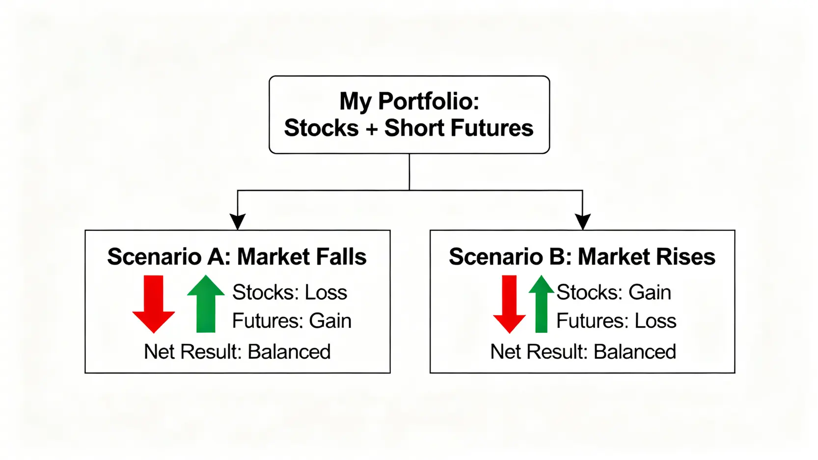 【投資避險懶人包】對沖策略是什麼?5大常見對沖工具與方法教學 股指期貨對沖策略示意圖,顯示當市場下跌時,股票虧損可由期貨獲利彌補,反之亦然。