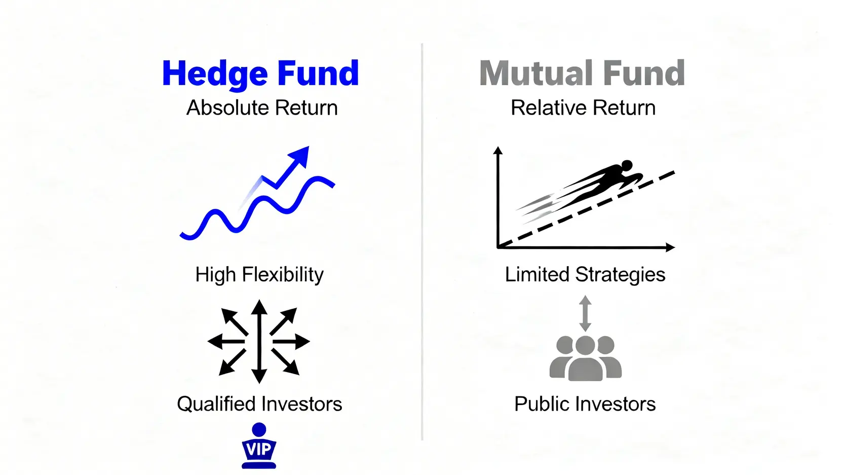 2026台灣對沖基金工作終極指南:從入門到頂尖避險基金操盤人 對沖基金與共同基金的策略差異對比圖,顯示兩者在投資目標、操作策略和募資對象上的不同。