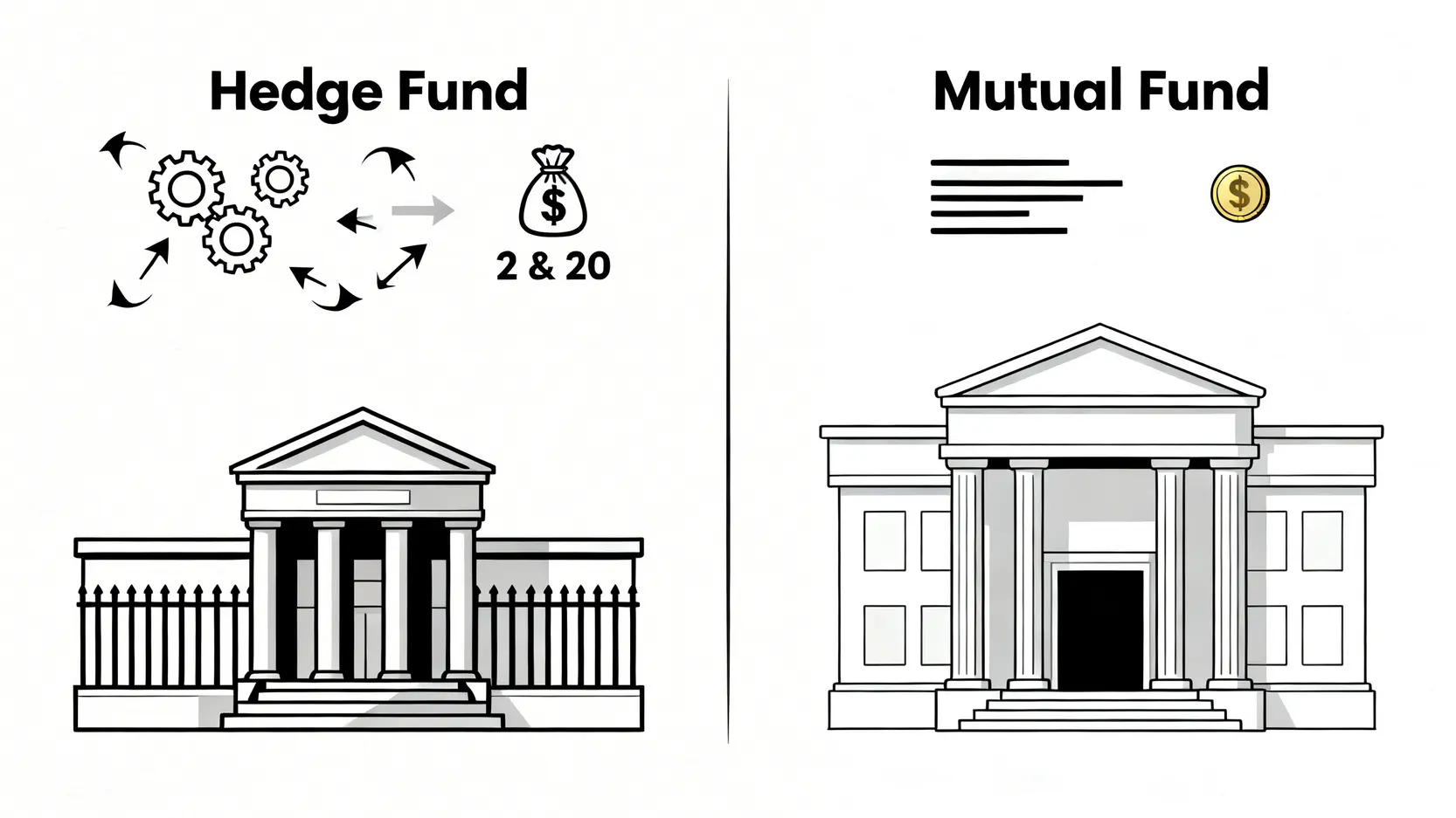 對沖基金是什麼?台灣投資者必看:運作模式、熱門策略與PTT觀點全解析 對沖基金與共同基金的關鍵差異比較圖,包含投資目標、門檻、策略與費用。