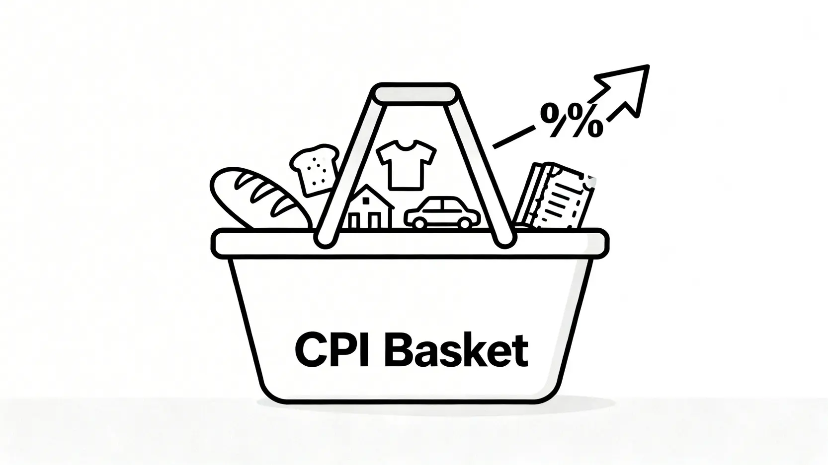 通貨膨脹是什麼?一次搞懂CPI、通膨影響與5大抗通膨投資策略 消費者物價指數CPI的概念圖,一個裝滿食衣住行育樂等商品的菜籃,象徵衡量通膨的標準。