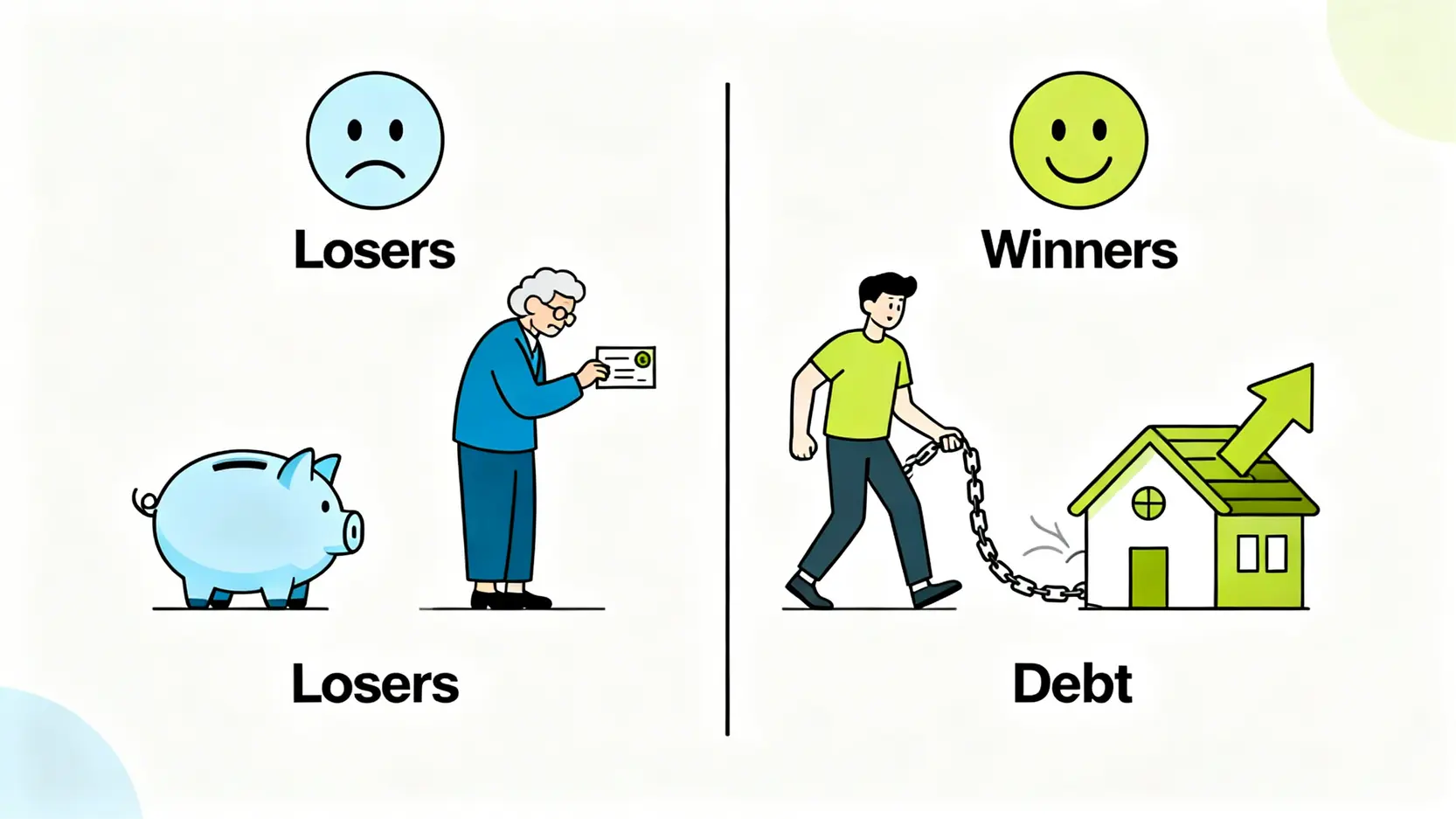 通貨膨脹是什麼?一次搞懂CPI、通膨影響與5大抗通膨投資策略 一張對比圖顯示通貨膨脹對不同族群的影響,儲蓄者和固定收入者受損,而債務人和資產持有者受益。