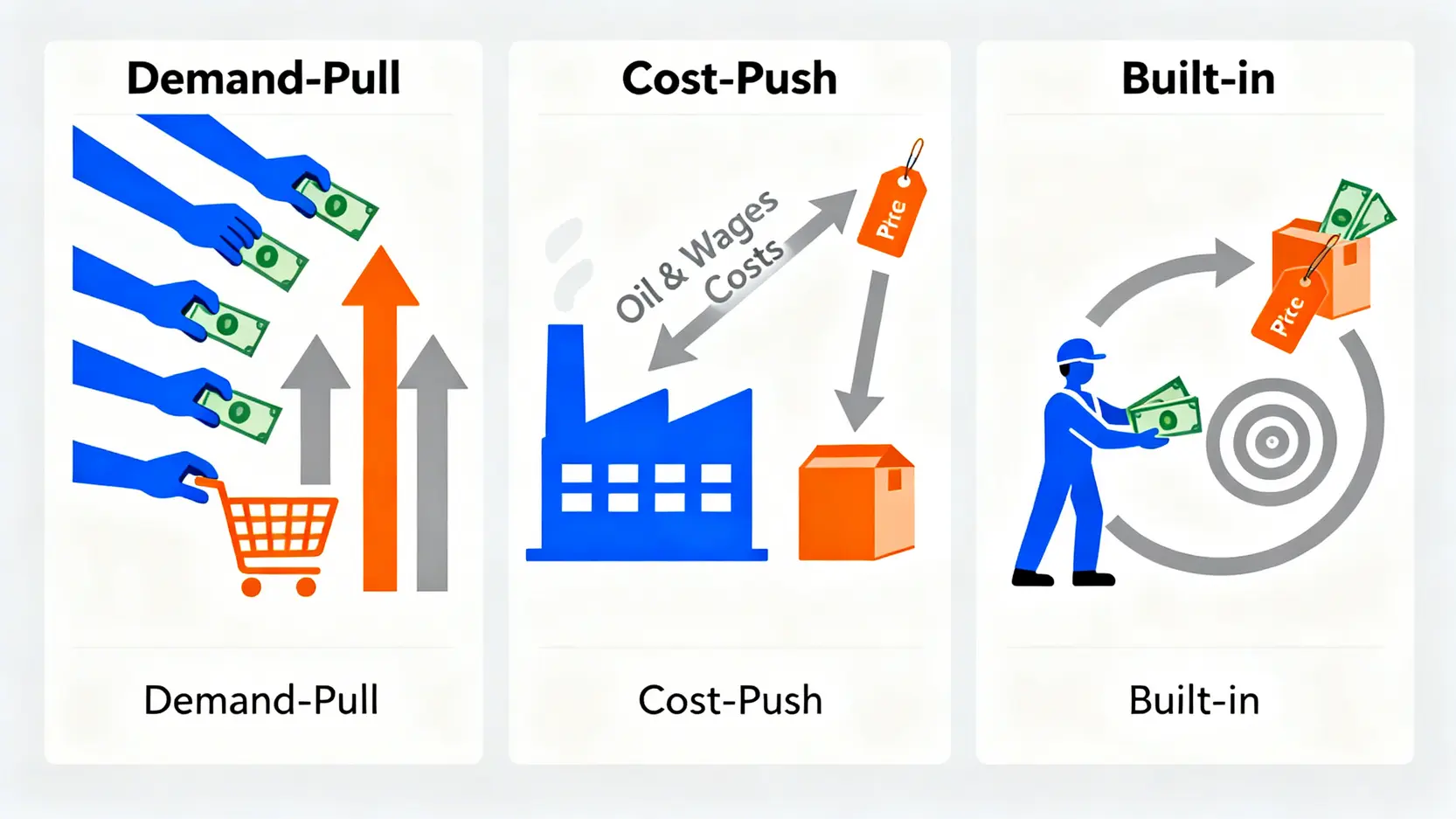 通貨膨脹是什麼?一次搞懂CPI、通膨影響與5大抗通膨投資策略 三種通貨膨脹成因的示意圖,分別解釋需求拉動、成本推動與預期心理通膨。
