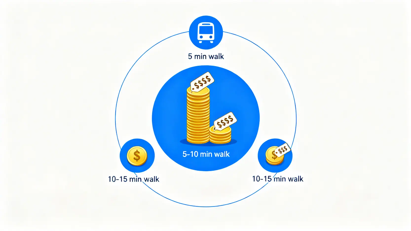 租屋CP值怎麼看?5大祕訣鎖定捷運旁便宜好房(2026攻略) 捷運站步行距離與租金關係圖,顯示離捷運站越遠,租金越便宜。