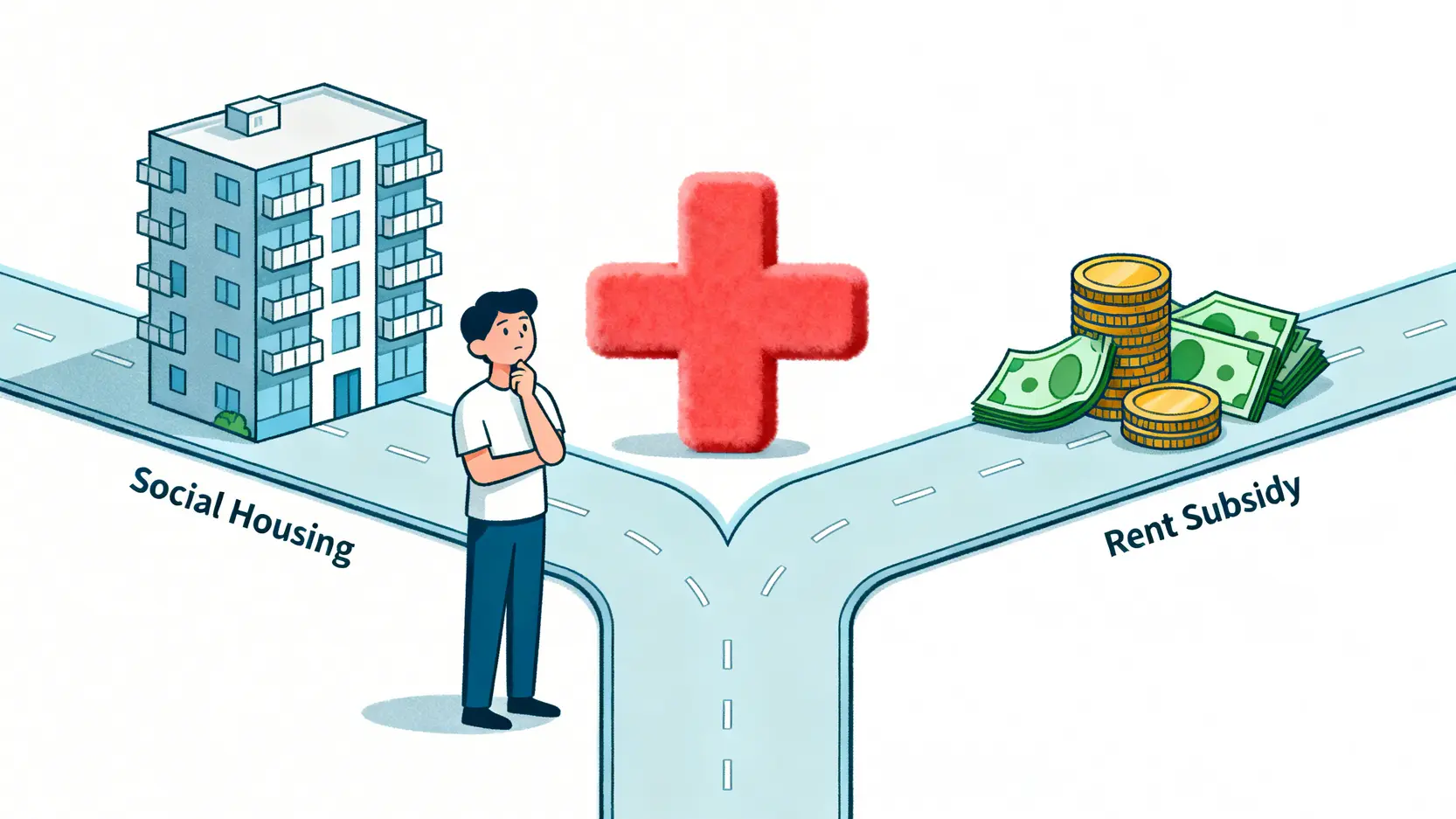 【2026最新】社會住宅申請資格懶人包:青年住宅、租金補貼一次看懂! 概念圖說明社會住宅與租金補貼只能二選一,一個人在岔路口前思考選擇其中一條路。