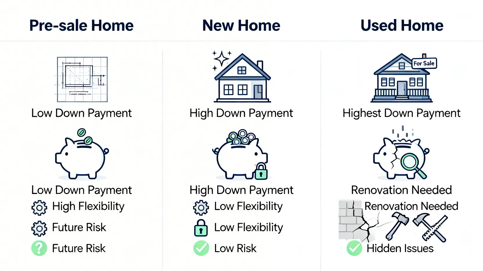 預售屋購買懶人包|從優缺點、付款方式到完整流程一次看懂! 一張圖表比較預售屋、新成屋與中古屋在自備款、客變彈性與潛在風險上的主要差異。