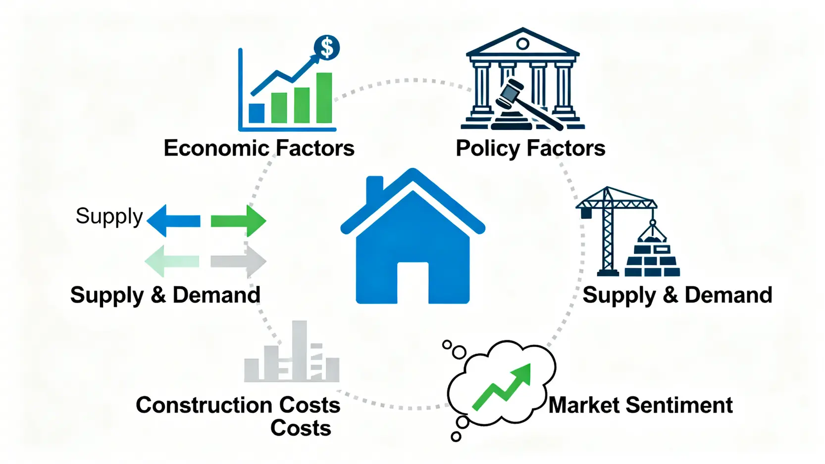 2026房價會跌嗎?專家解析5大影響房價因素與打房政策衝擊 影響房價的五大關鍵因素示意圖,包含經濟、政策、供需、成本與市場信心。