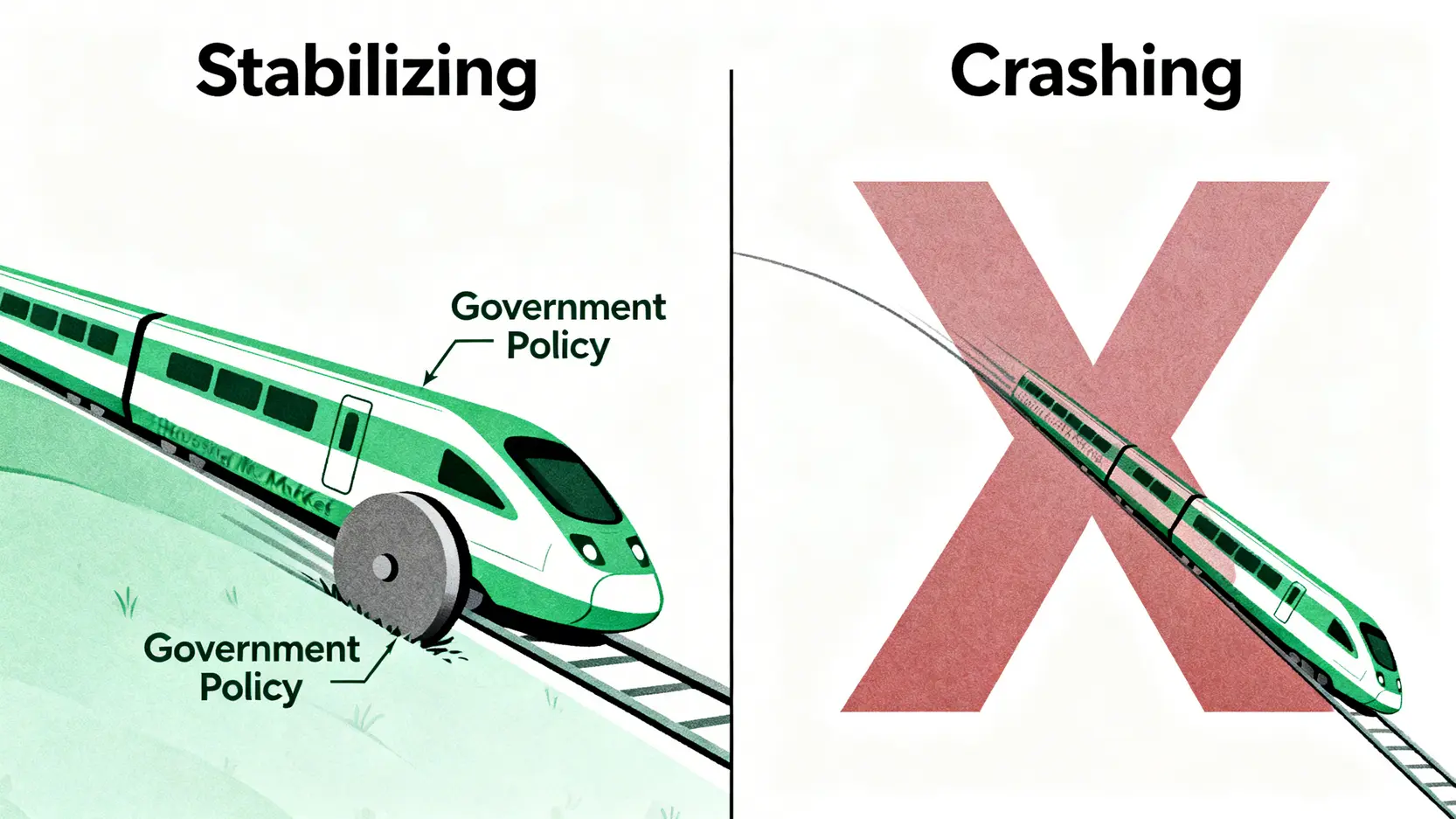 2026房價會跌嗎?專家解析5大影響房價因素與打房政策衝擊 打房政策影響對比圖,顯示政策目的是穩定市場而非讓房市崩盤。