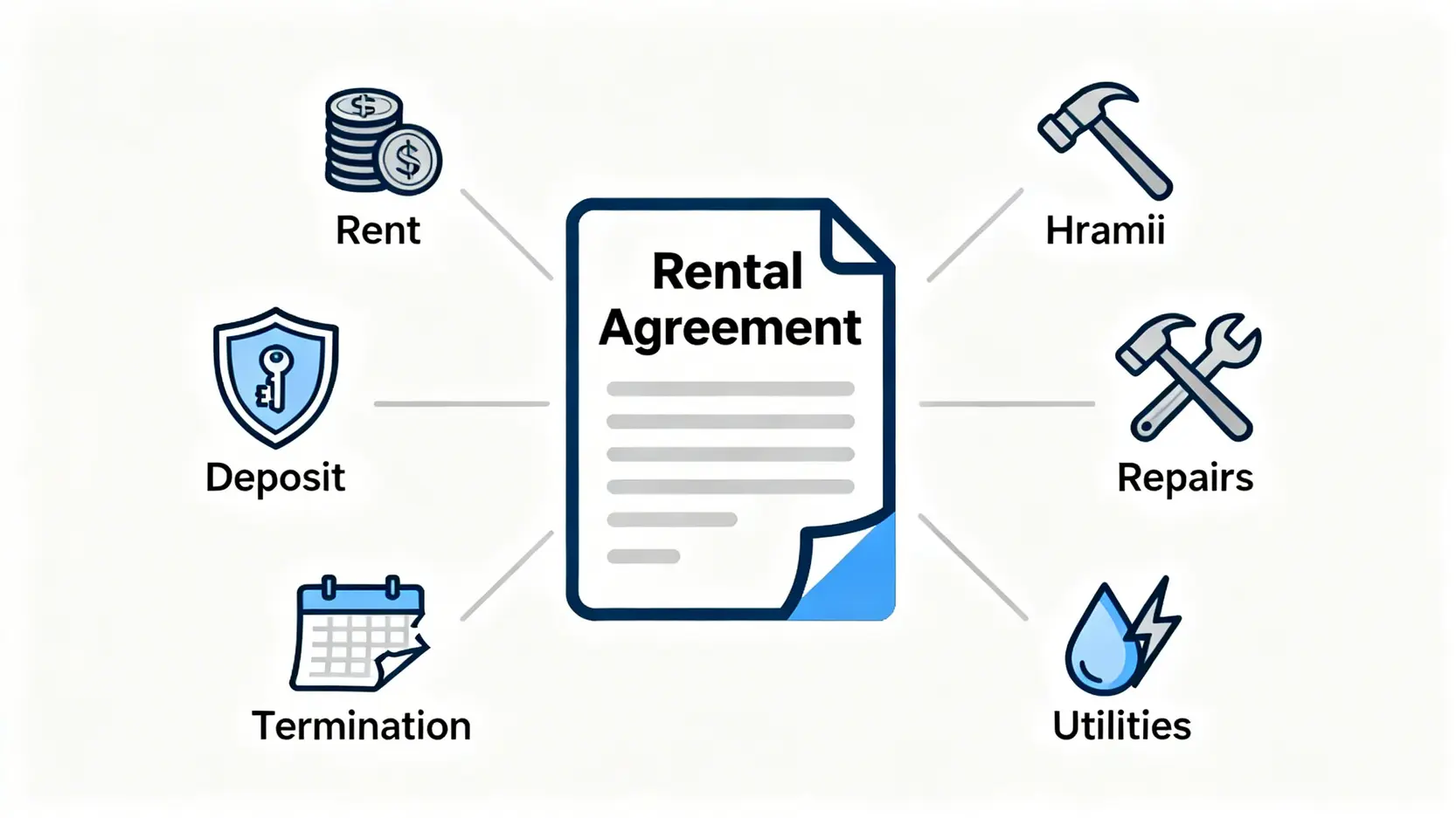 【2026租屋全攻略】15項注意事項總整理:從看房、租屋網推薦到合約範本一篇搞定! 租屋合約審閱五大重點的示意圖,包含租金、押金、修繕、提前解約與費用負擔。