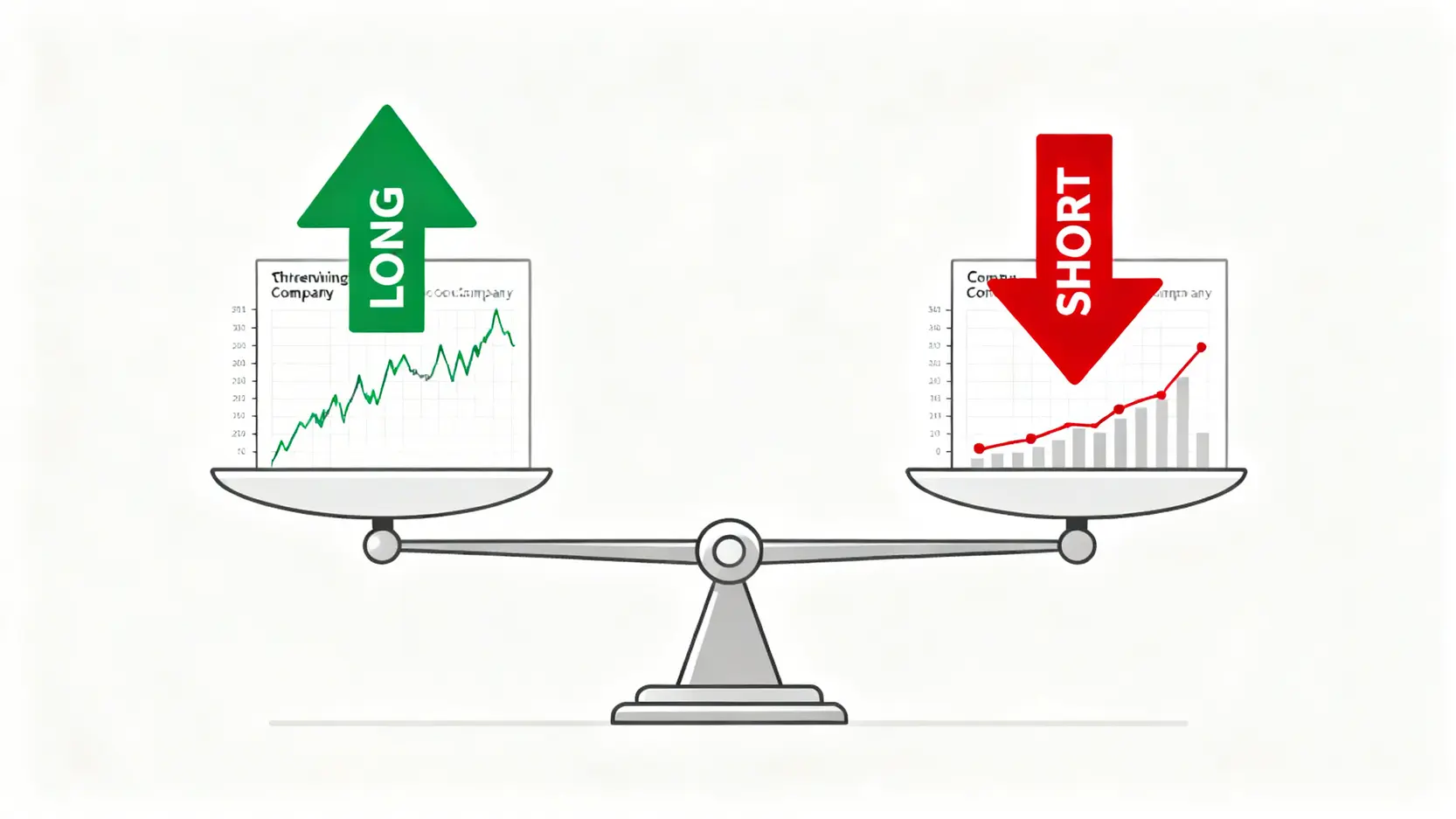對沖基金是什麼?一篇搞懂運作方式、風險與台灣投資管道 股票多空策略示意圖,一個天平的兩端分別是看漲做多的股票和看跌放空的股票,以此來對沖市場風險。