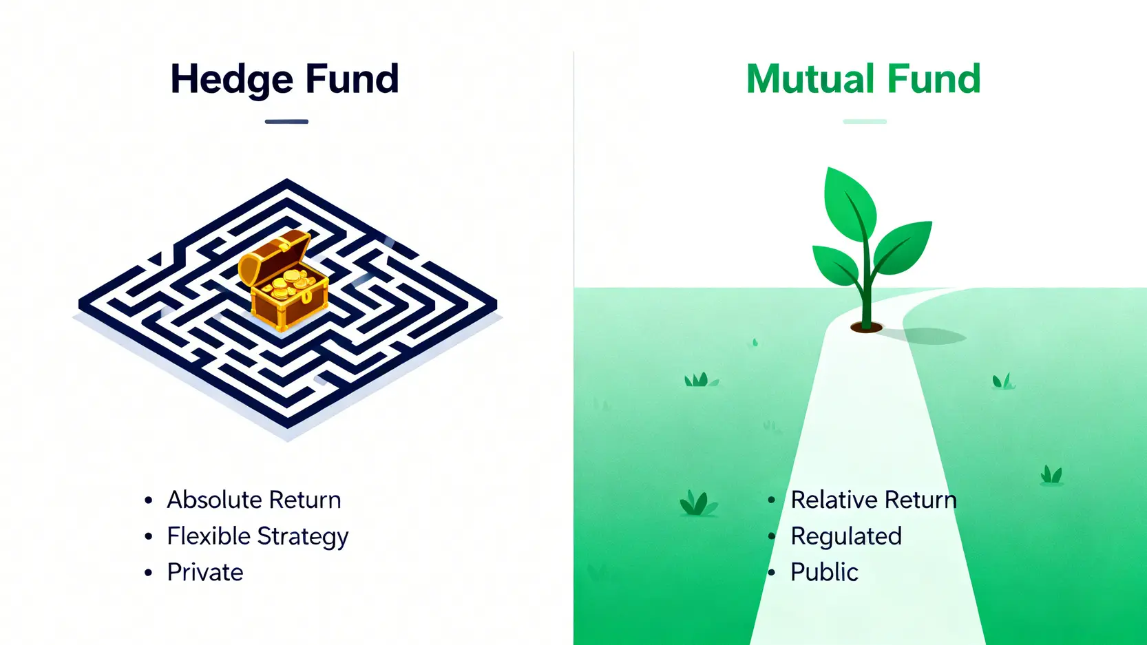對沖基金是什麼?一篇搞懂運作方式、風險與台灣投資管道 對沖基金與共同基金的比較圖,左邊是複雜迷宮代表的對沖基金,右邊是穩健植物代表的共同基金。