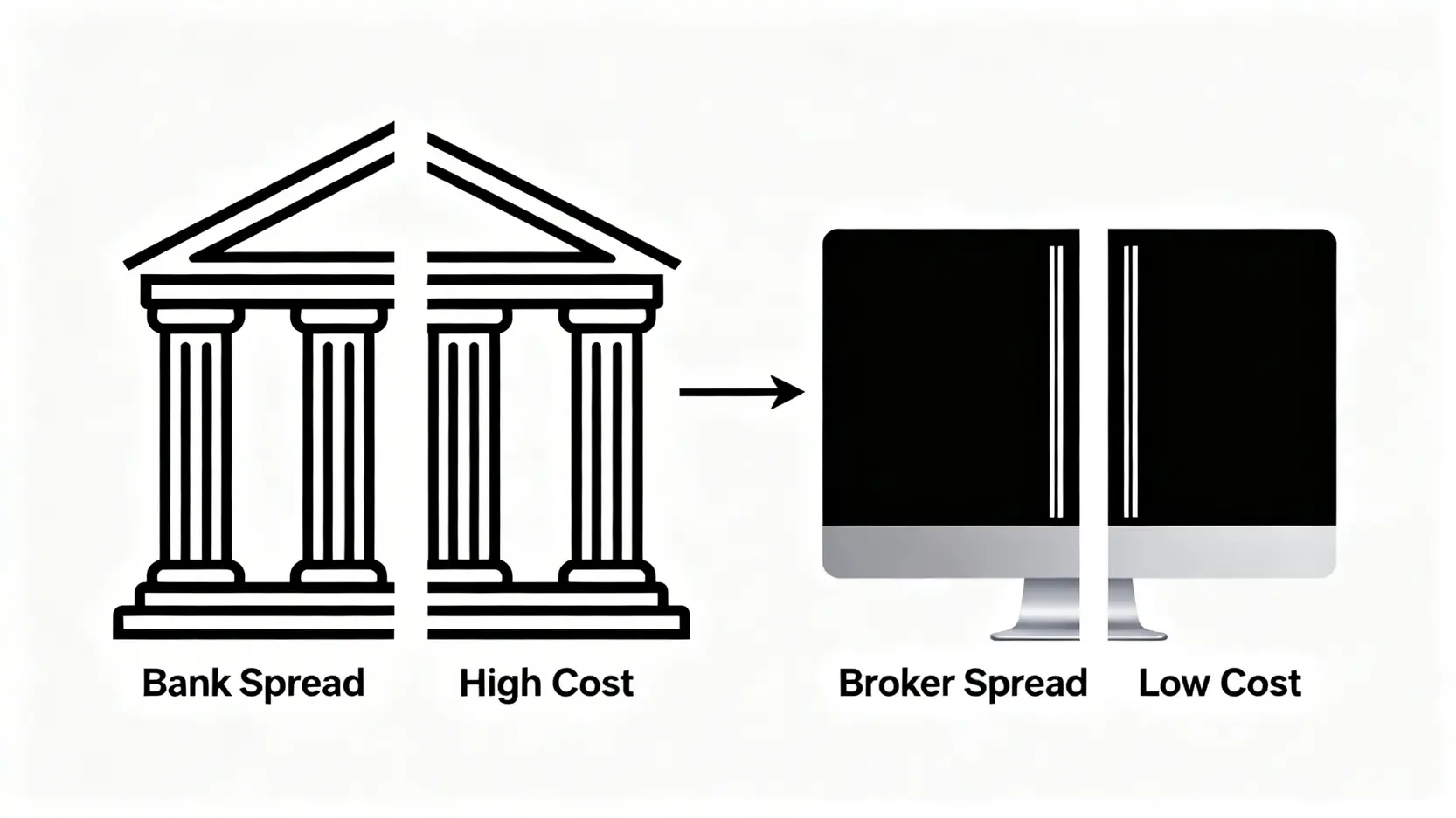 IG Market點差分析:交易成本殺手?與銀行、券商費用優劣全揭露 券商與銀行的外匯點差對比圖,顯示銀行的點差(交易成本)遠高於專業線上券商。