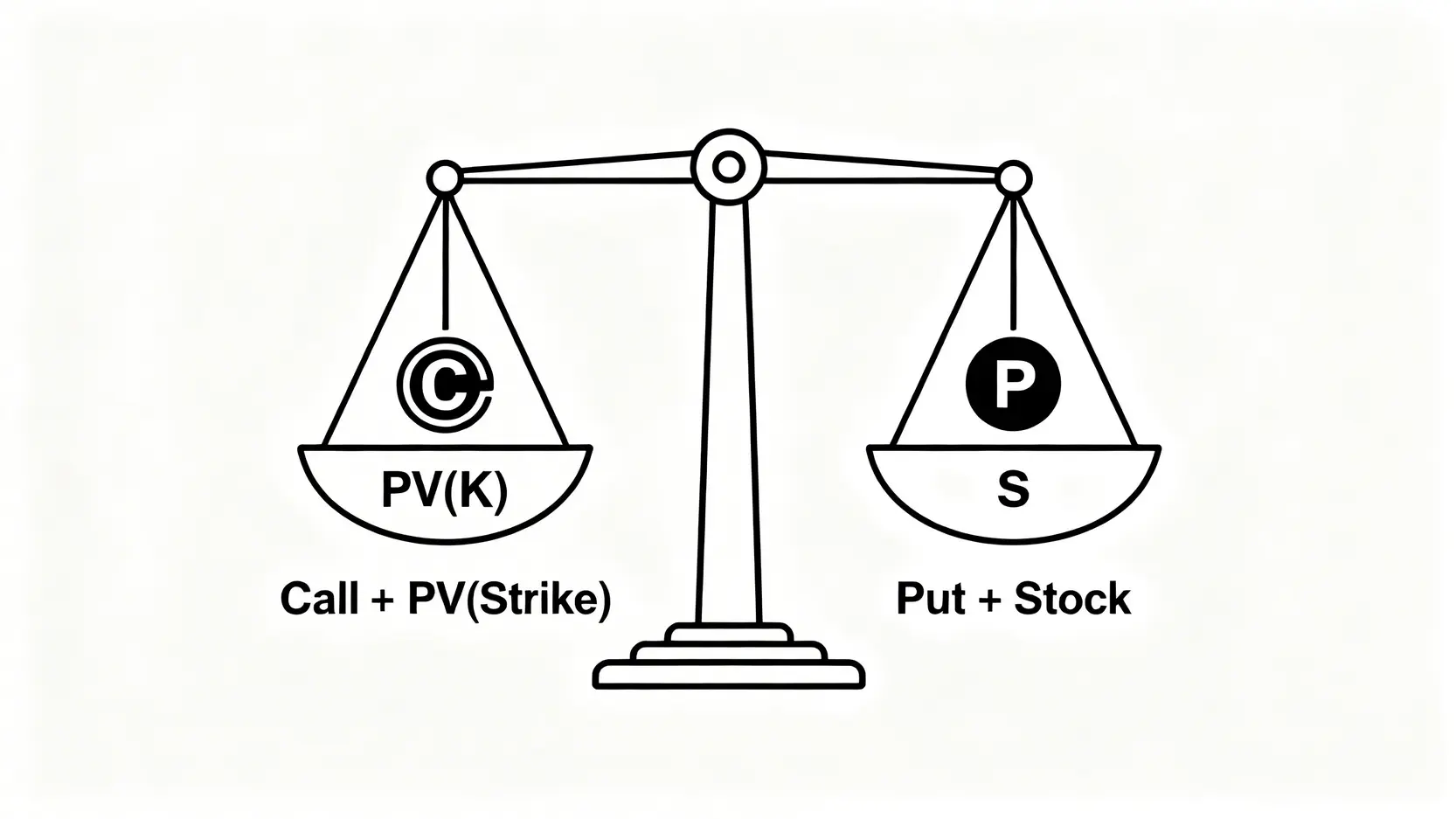 何謂套利?從無風險原理到對沖套利策略,一篇搞懂選擇權套利教學 買賣權等價關係(Put-Call Parity)公式圖解,一個天平的兩端分別放置買權加履約價折現值與賣權加標的物現價,呈現完美的平衡狀態。