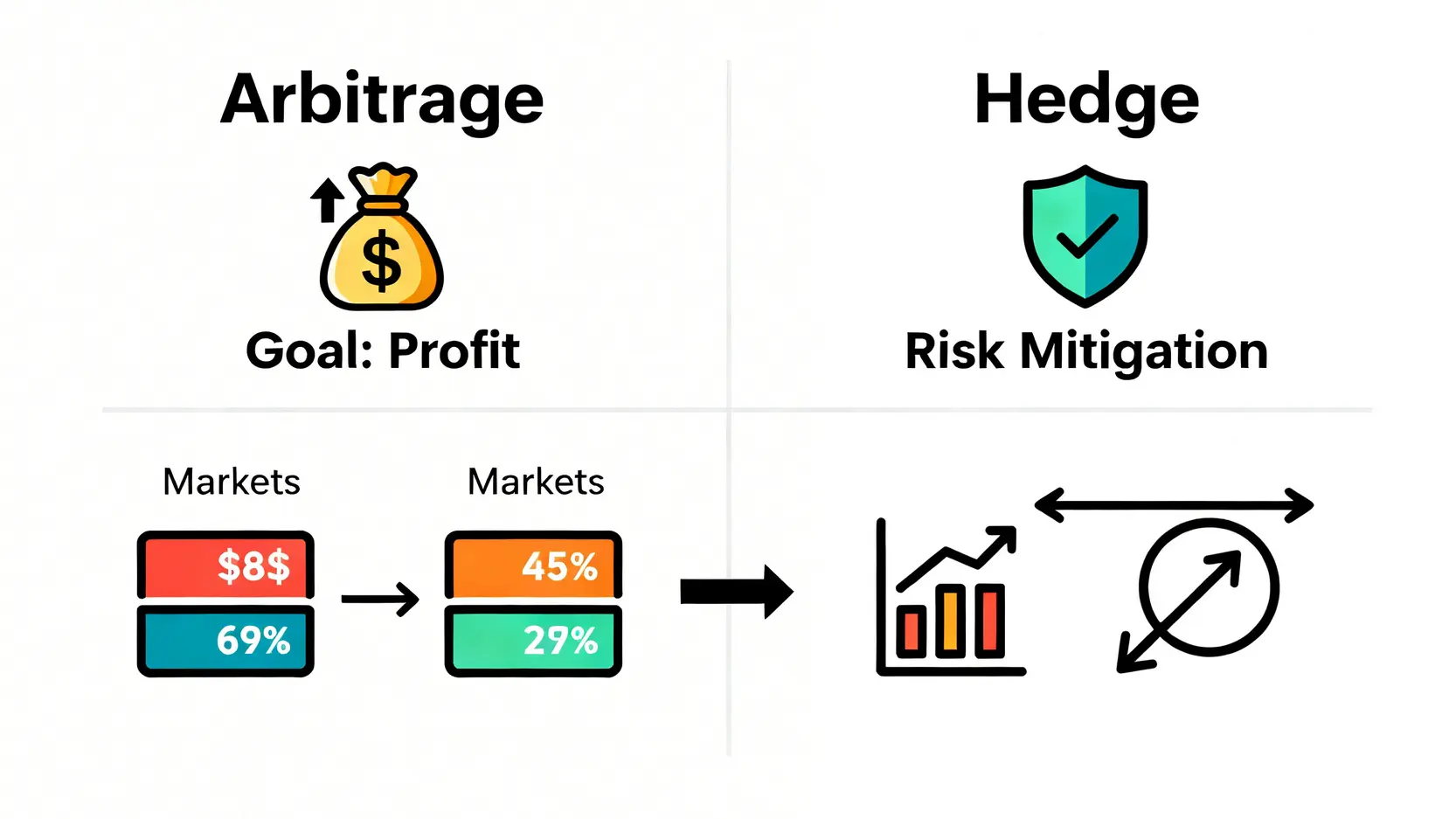何謂套利?從無風險原理到對沖套利策略,一篇搞懂選擇權套利教學 對沖與套利比較圖,左欄說明套利的目標是獲利,右欄說明對沖的目標是避險。