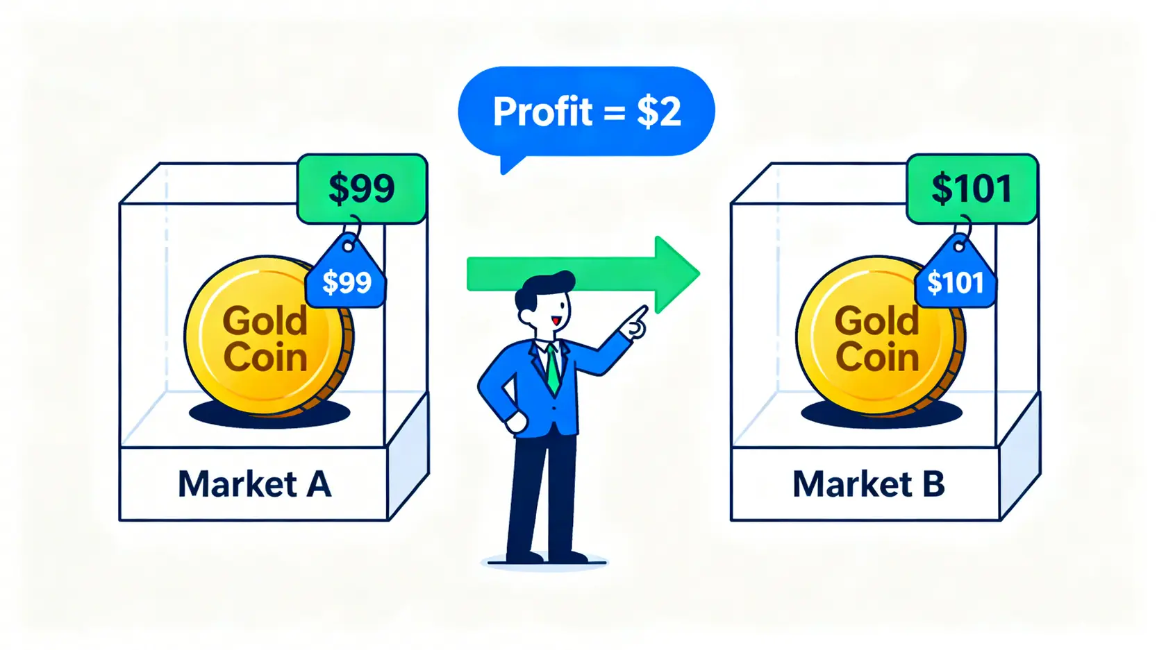 何謂套利?從無風險原理到對沖套利策略,一篇搞懂選擇權套利教學 套利原理示意圖,顯示投資者在價格較低的A市場買入資產,並在價格較高的B市場賣出以賺取價差。